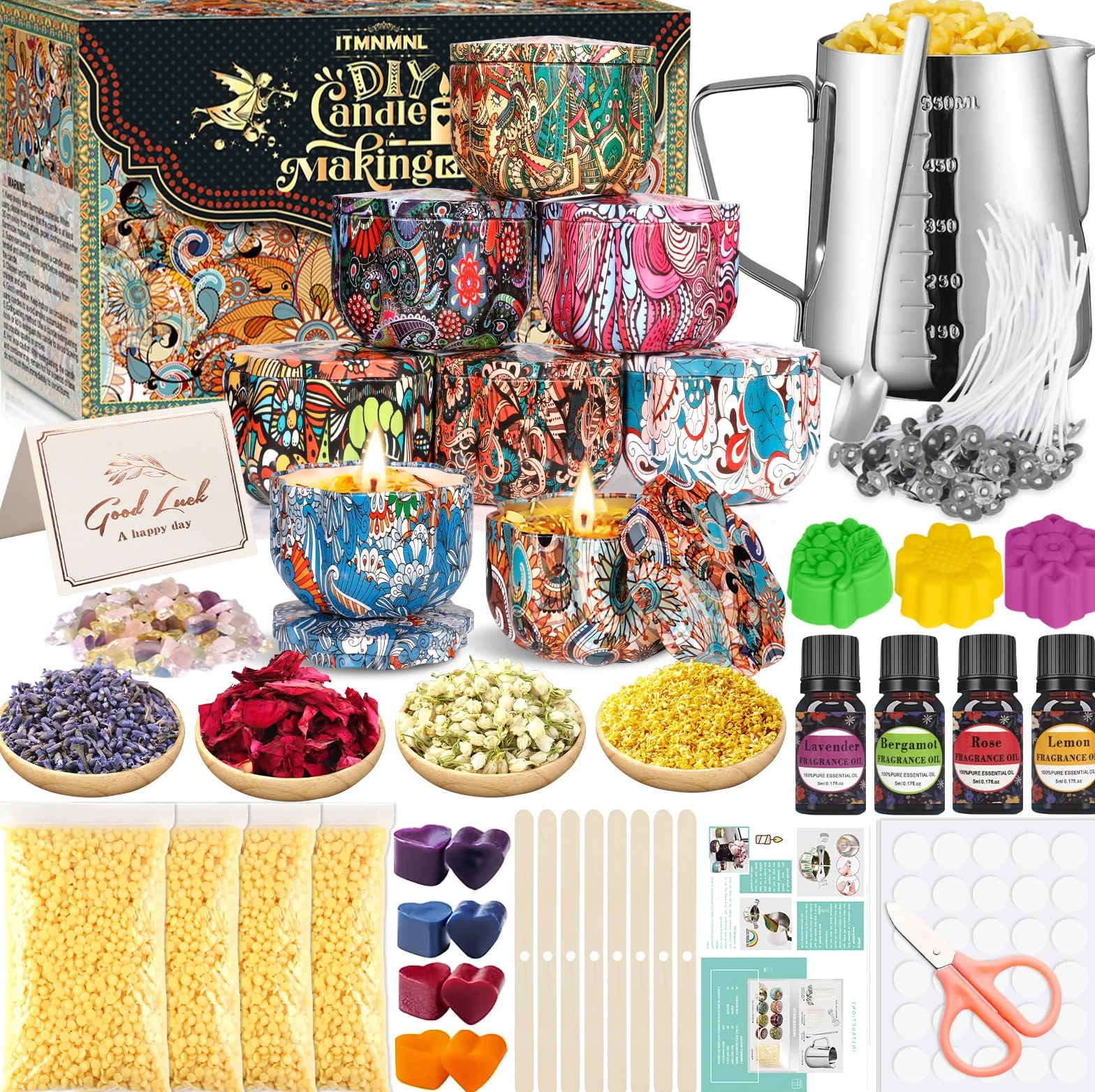 ITMNMNL Kit per Candele Fai da Te, Set con 50 Stoppini, 8 Barattoli, Coloranti - per Principianti
