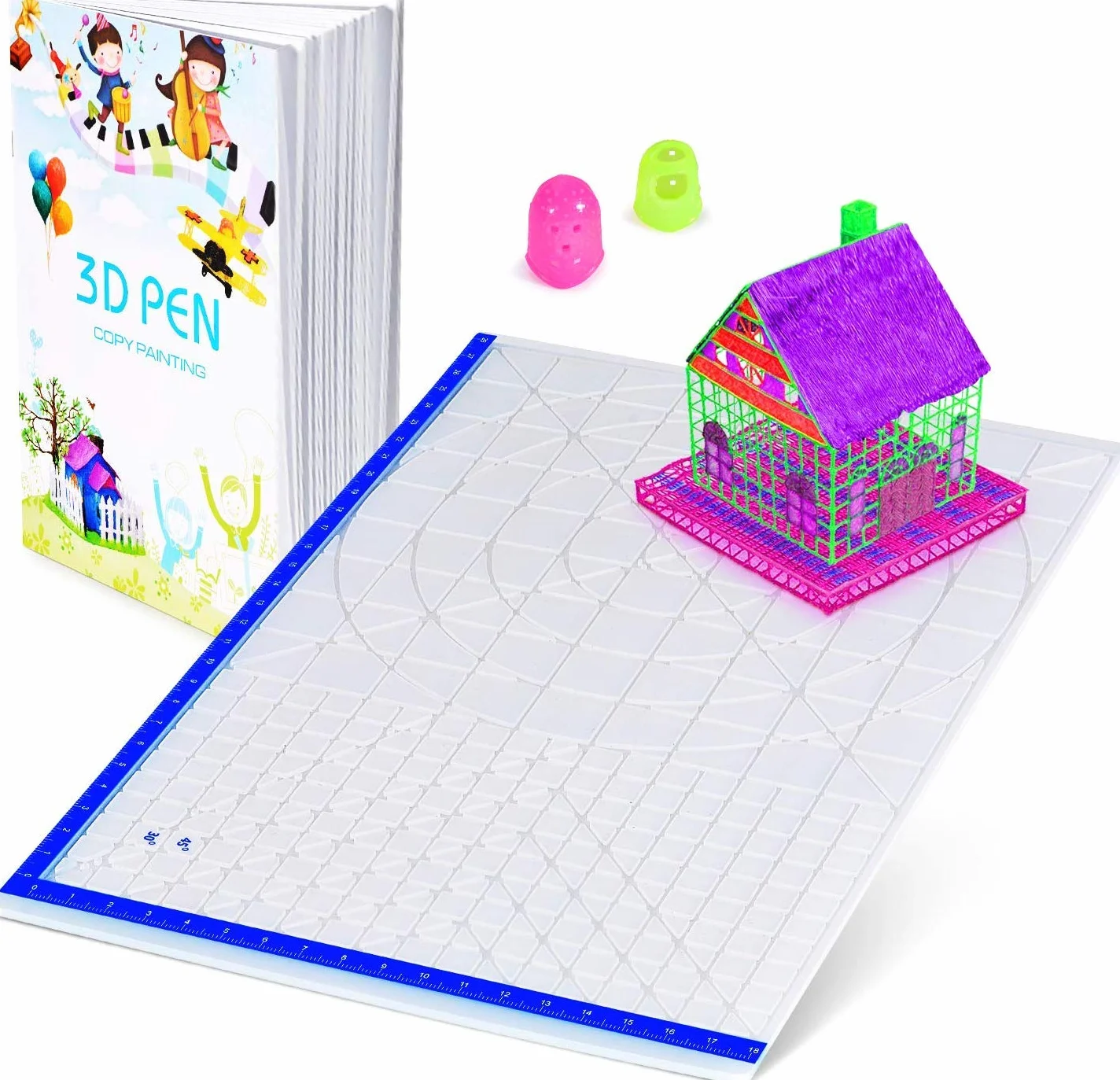Tappetino per penna per stampa 3D con modelli di base, libro “3D Pen” e 2 ditali in silicone, ottimo strumento per disegnare con la penna 3D