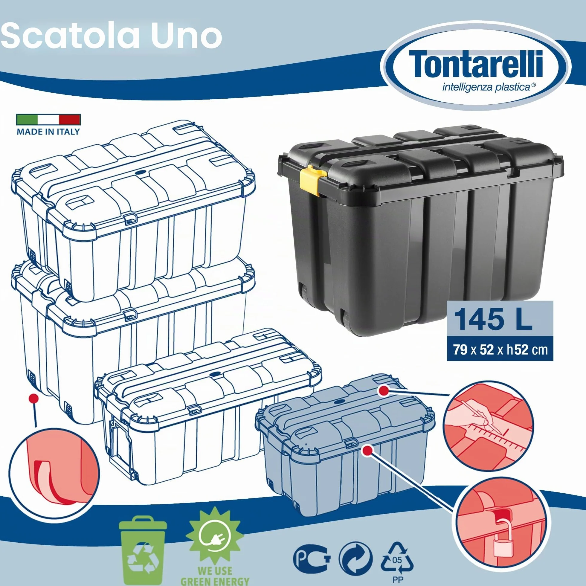 Tontarelli BoxOne Porta-Attrezzi, 140 L, 79 x 52 x h 52 cm, Nero/Ambra