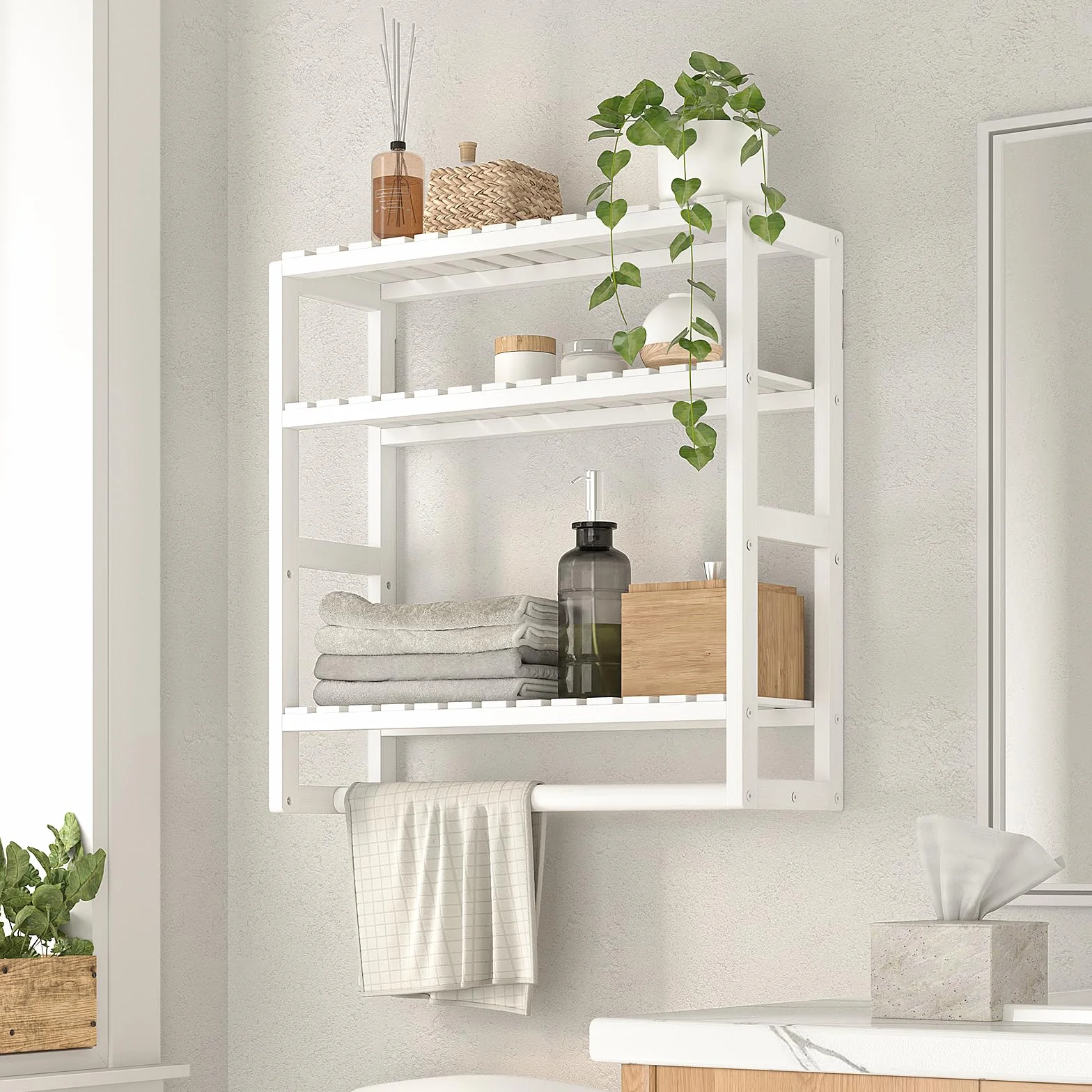 Bamworld Scaffale da Bagno a 3 Ripiani in Bambù, Organizzatore da Parete Moderno e Salvaspazio per Bagno, Cucina o Ufficio, Bianco