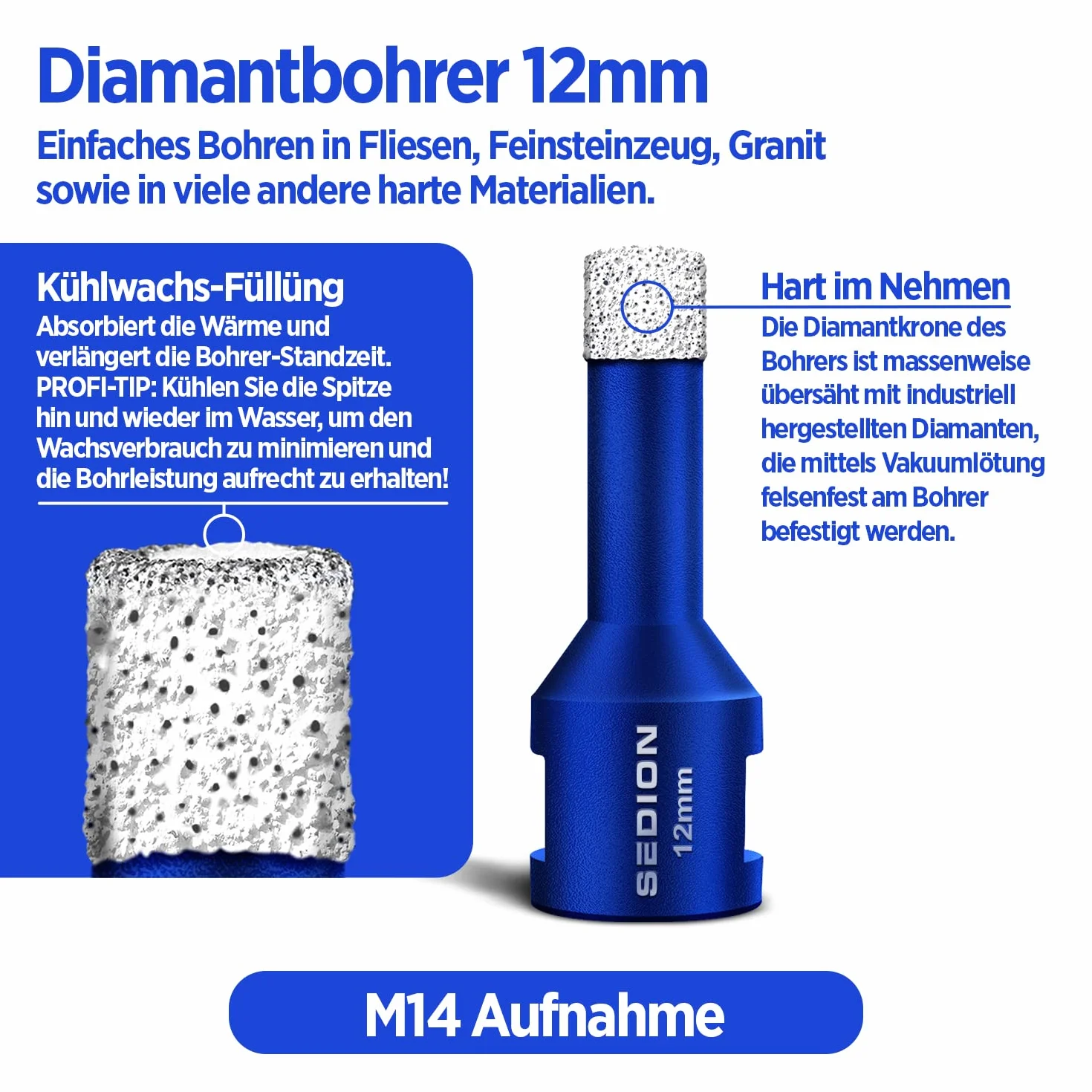 Trapano per piastrelle 12mm x M14 - Punta per forare piastrelle dure - Punta diamantata 12 mm - Sedion qualità premium diamanti di alta qualità - compatibile con Bosch Makita uvm.