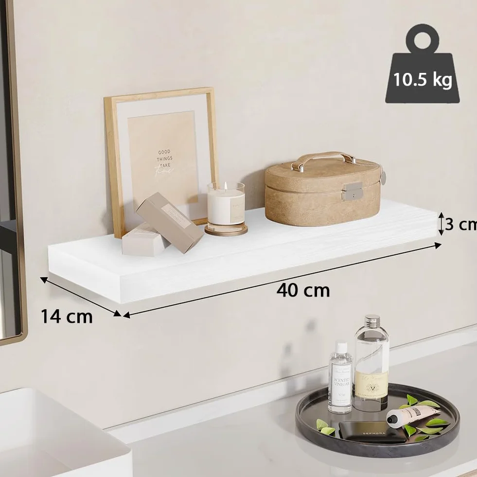BAKAJI Set 4 Mensole da Parete in Legno Massiccio, Scaffali a Muro Multiuso con Staffe a Scomparsa in Metallo, Scaffalatura per Camera da Letto, Soggiorno, Cucina, Bagno, 40 x 14 x 3 cm (Bianco)