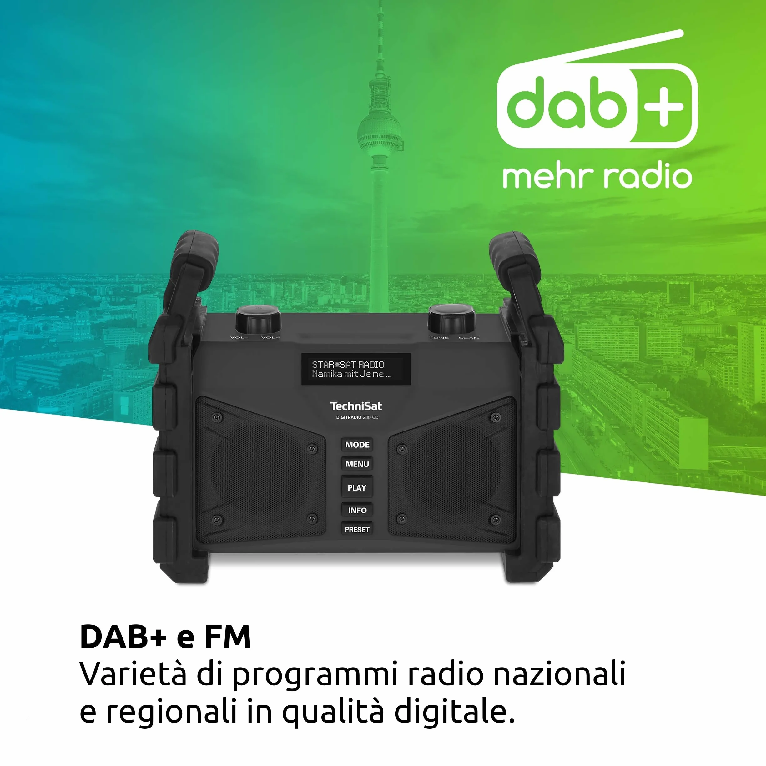 TechniSat DIGITRADIO 230 OD - Radio da cantiere DAB+ (DAB+, DAB, FM, USB, AUX in, Bluetooth, potente batteria ricaricabile, memoria preferiti, 2 altoparlanti stereo da 6 watt) nero