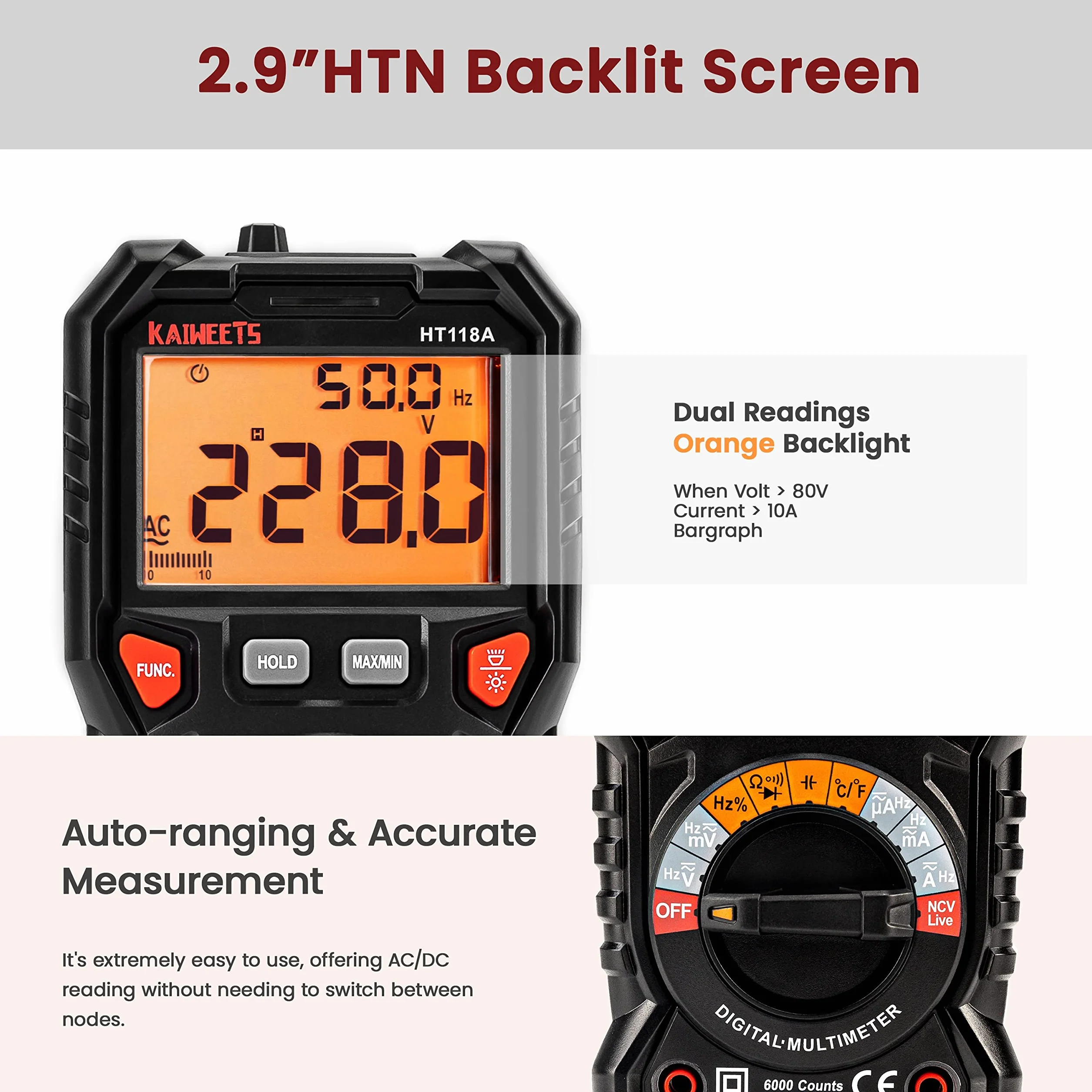 Multimetro digitale professionale automatico, TRMS 6000 Conti (prompt jack LED), Tester Elettrico, Tensione / Corrente / Resistenza / Capacità / Temperatura / Frequenza - KAIWEETS