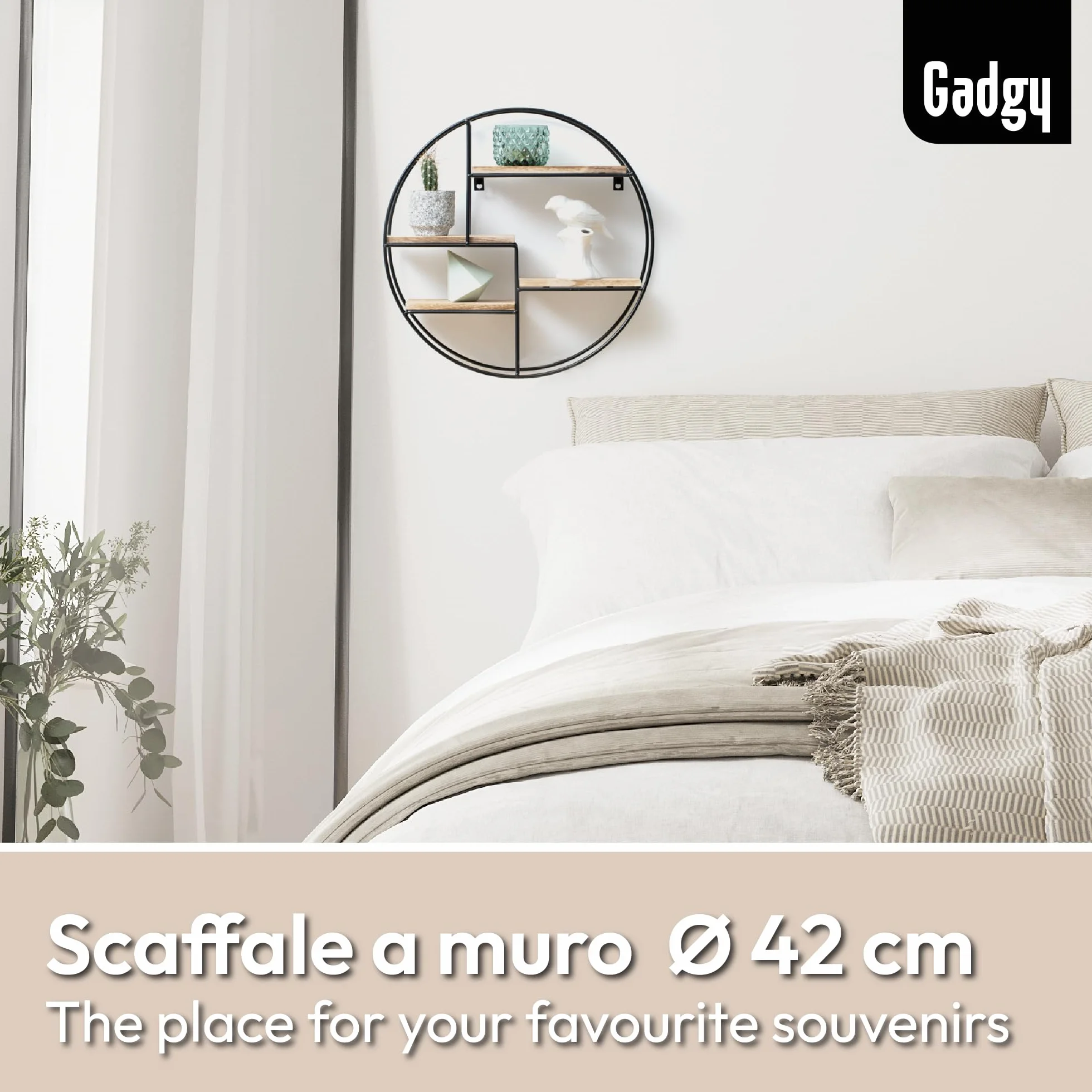 Gadgy Mensola Rotonda da Parete con 4 Ripiani - Mensola Galleggiante in Legno e Metallo Stile Industriale, Già Assemblata e Pronta da Appendere - 42 x 10 cm