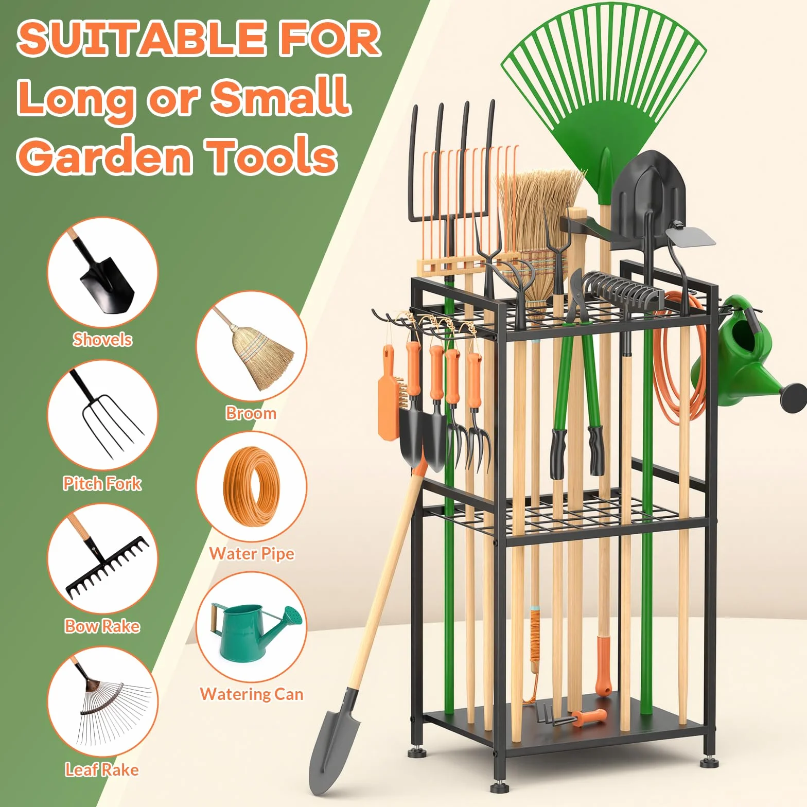 WELDUN Organizer da giardino per garage, supporto per 40 attrezzi a manico lungo, gestione del garage con ganci per capannone, scopa, rastrello, pala, tubo da giardino
