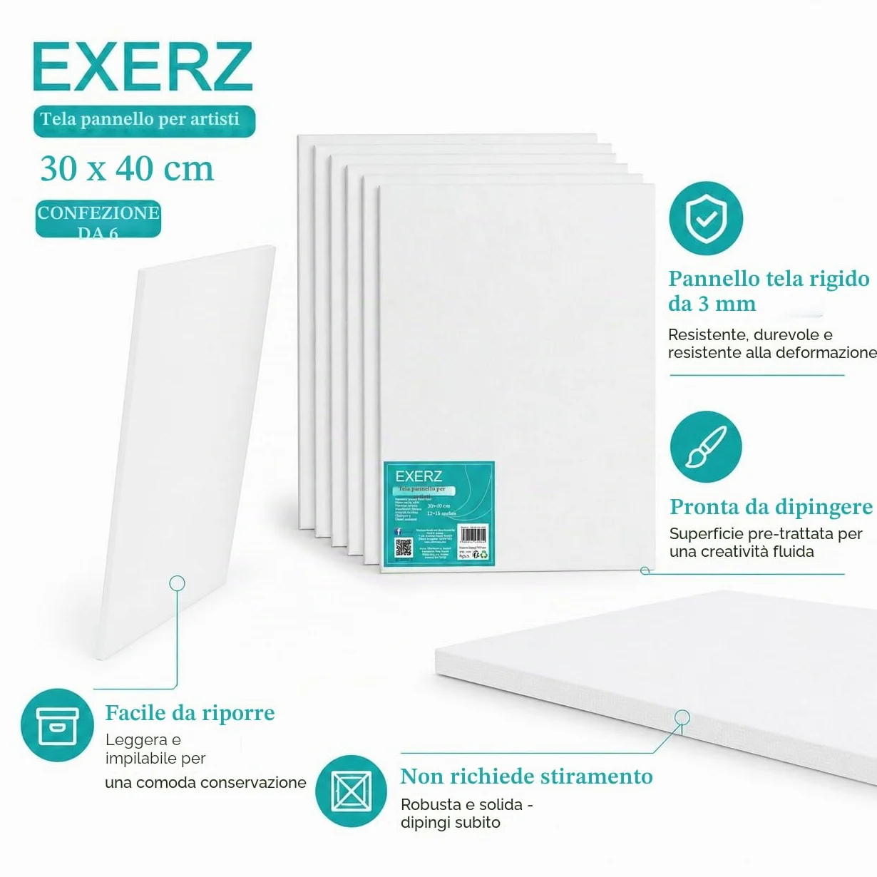 Exerz 30x40cm Pannelli in Tela 6pz - 3mm/ 280gsm/ 100% Cotone Cartoni Telati d’Artista Bianca per Pittura/Vuote/Tre Strati di Gesso/Prive di acidi/Grana Media - Olio o Acrilico