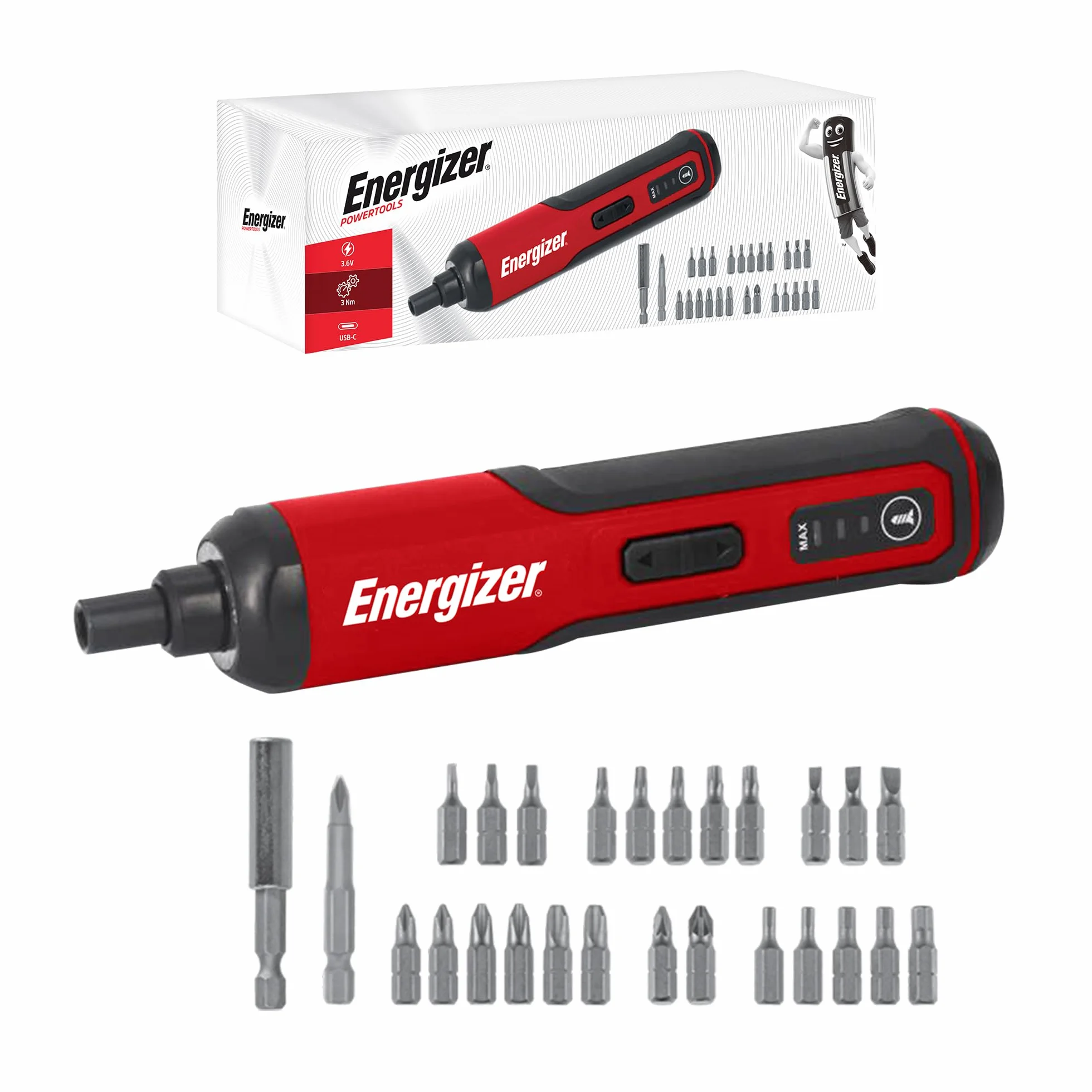 Energizer - Cacciavite elettrico da 3,6 V – Batteria ricaricabile da 1500 mAh cavo USB-C (Incluso)- 26 punte di avvitamento incluse - 3 NM - Ideale per montaggio, smontaggio e piccoli lavori