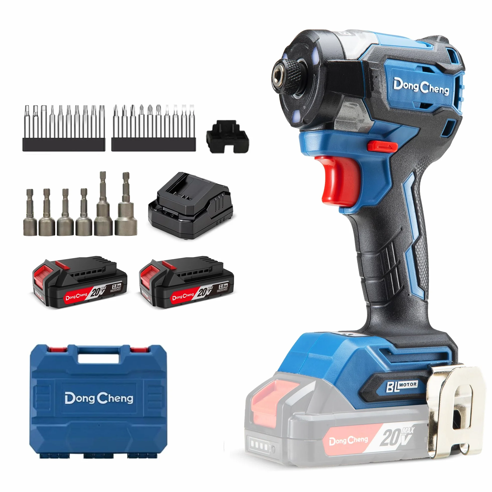 Avvitatore a impatto senza spazzole Dong Cheng 18V, Avvitatore a impatto a batteria 208Nm, Modalità autofilettante, 3200 giri/min, 4300 colpi/min, 3 velocità, con 2 * batterie 2,0 Ah