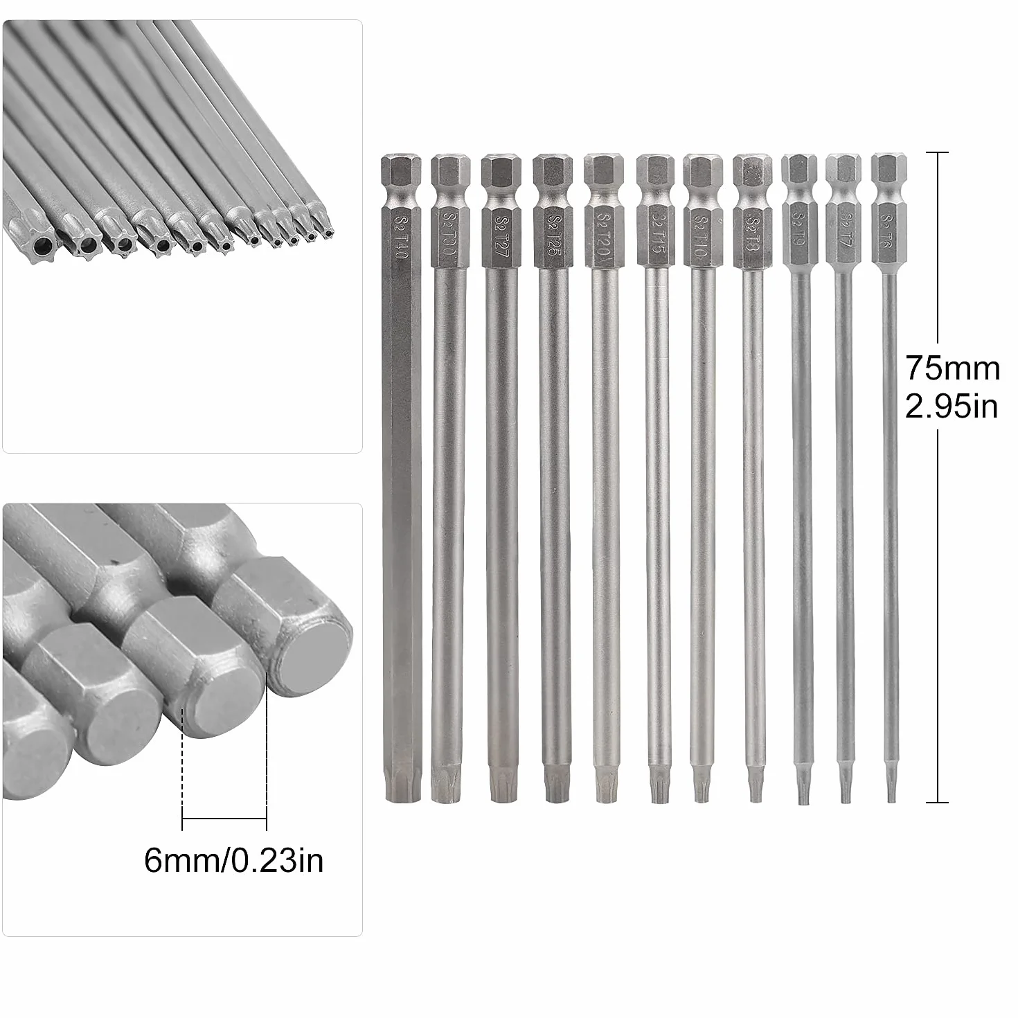 CPROSP Torx Lunghe Set 75mm, con 2 Cacciaviti Torx, T6,T7,T8,T9,T10,T15,T20,T25,T27,T30,T40, S2 Acciaio, Testa a Stella
