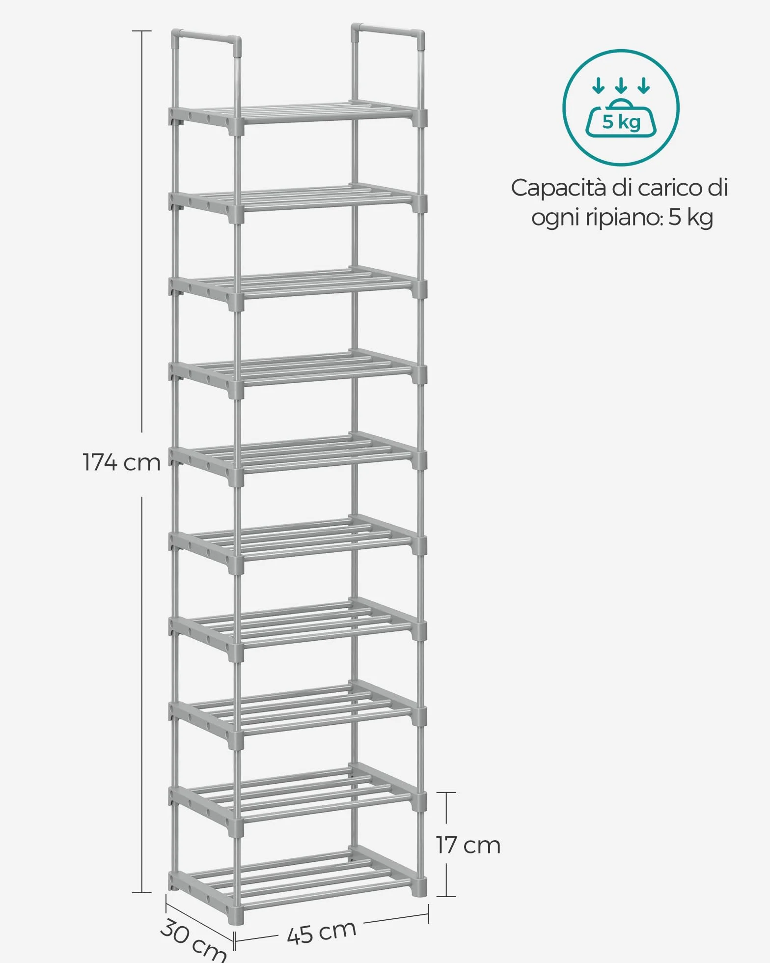 SONGMICS Scarpiera 10 Ripiani Grande Scaffale Portascarpe Metallo 45x30x174 cm Grigio