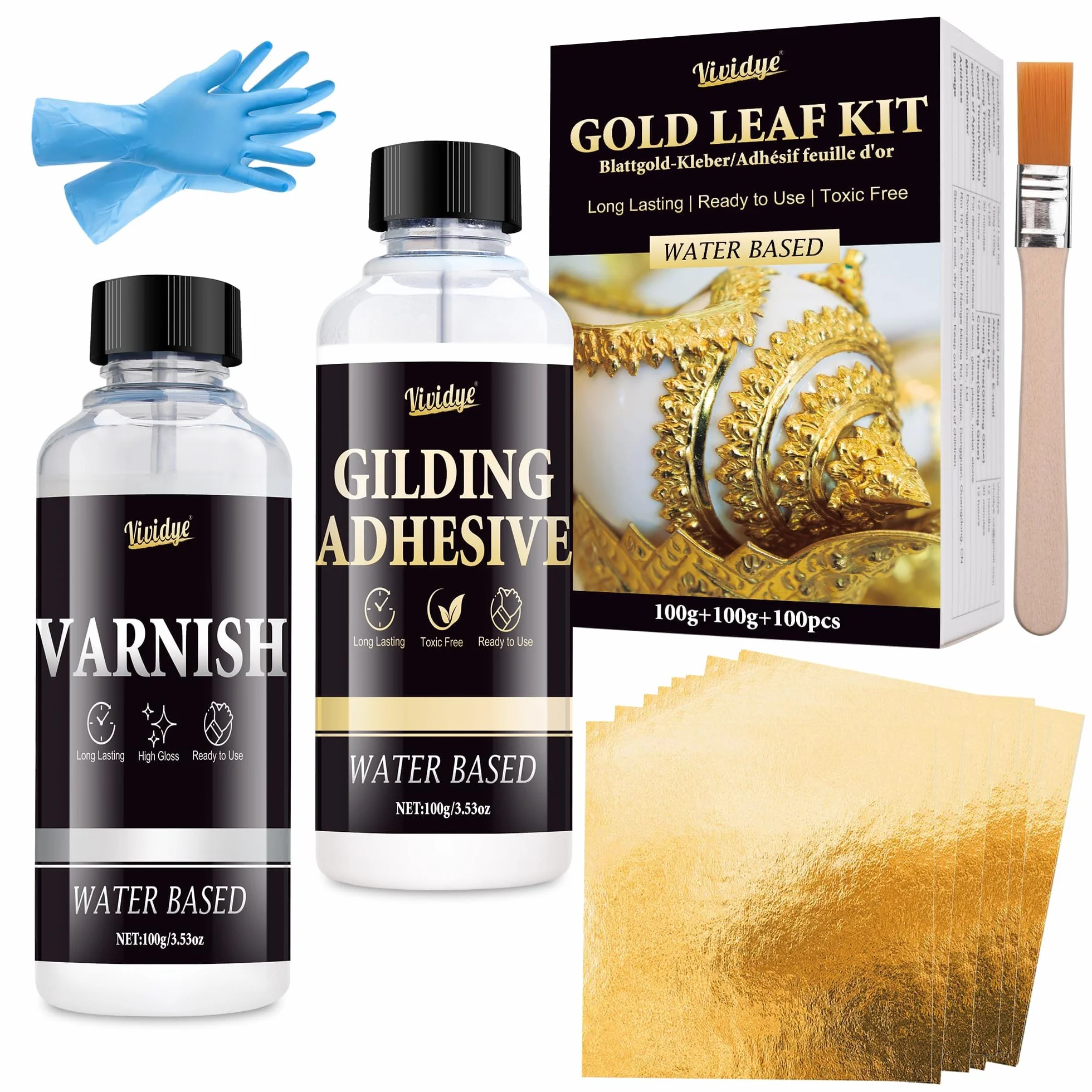 Set Adesivo per Doratura con Foglia Oro - 100ml Colla a Base d'acqua e 100ml Vernice Protettiva, 100 Fogli di Foglia Oro, Kit per Foglia Oro a Rapida Essiccazione per Artigianato, Mobili e Pittura