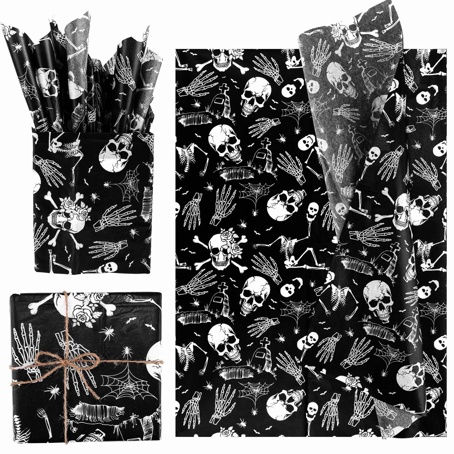 30pz Carta Velina di Halloween, 50x35cm Carta da Regalo con Motivo a Teschio Cartas Velina Pieghevole per Decorazioni per Feste di Halloween