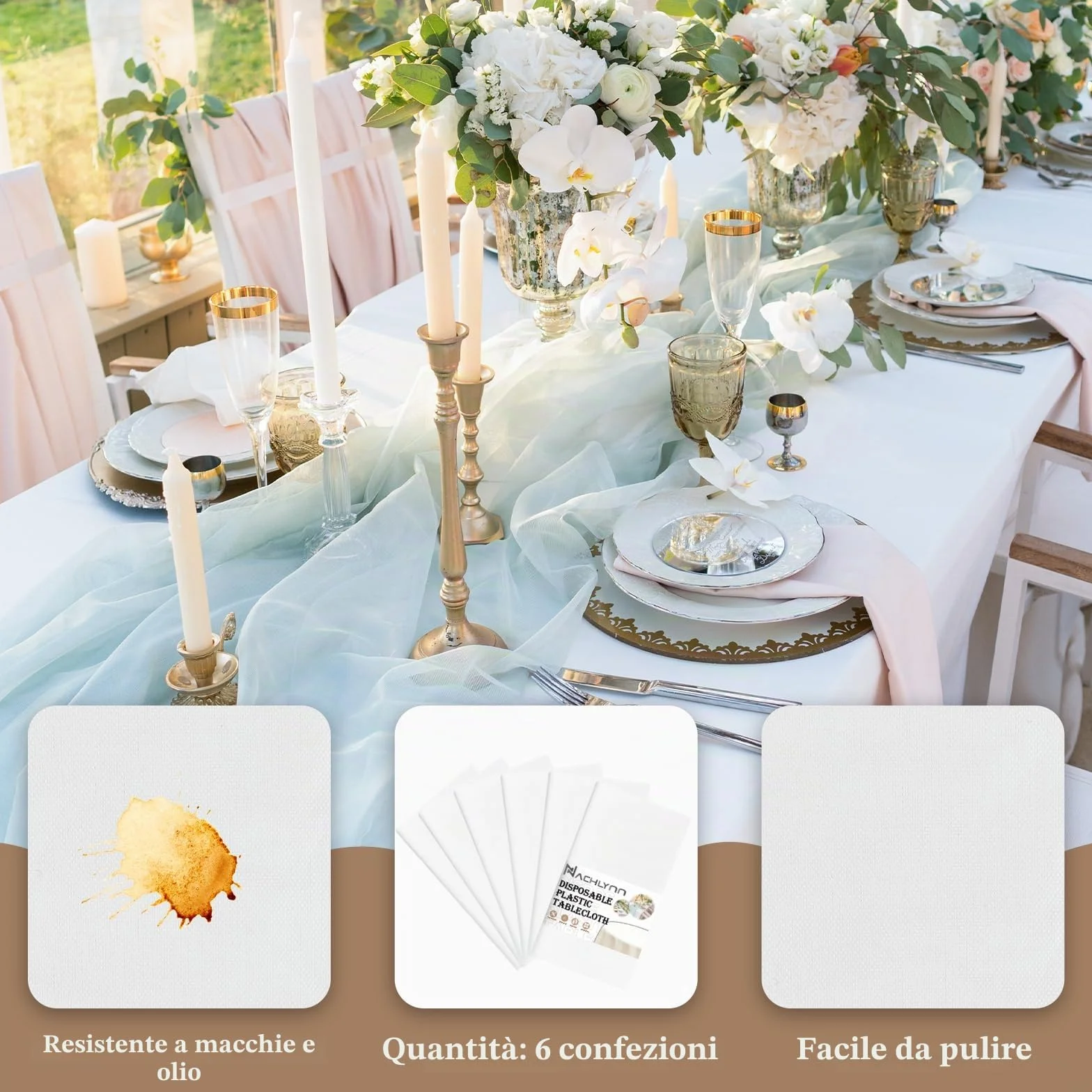NACHLYNN Confezione da 6 Tovaglie in Plastica 137 x 274 cm Bianche Rettangolari per Feste