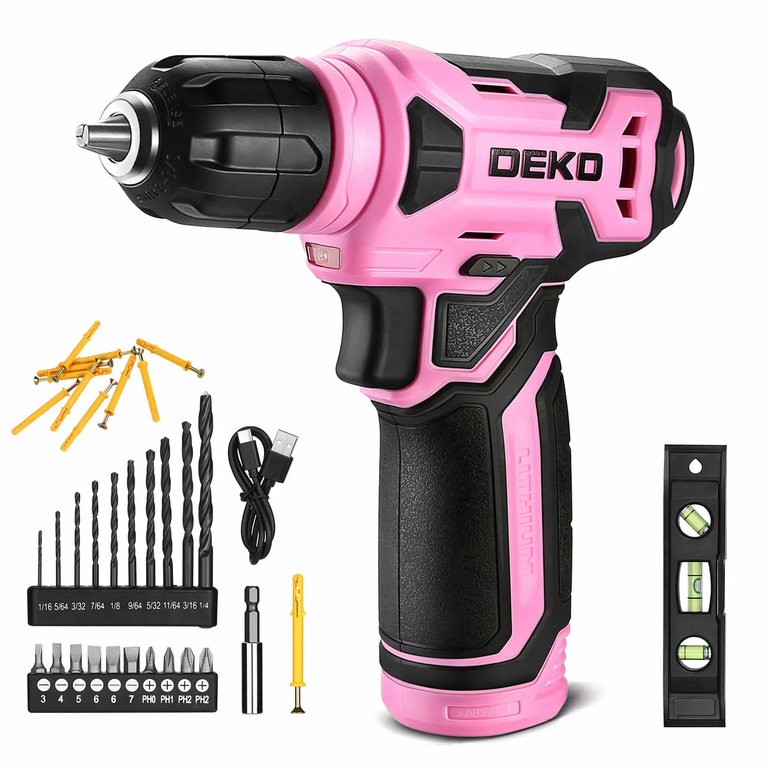 Trapano Avvitatore Batteria 42 accessori - DEKO PRO Trapano Avvitatore Rosa con 10 mm Mandrino,Luce LED,Cavo di Ricarica Tipo C,8 V Trapano Elettrico per Forare e Serrare/Allentare Viti