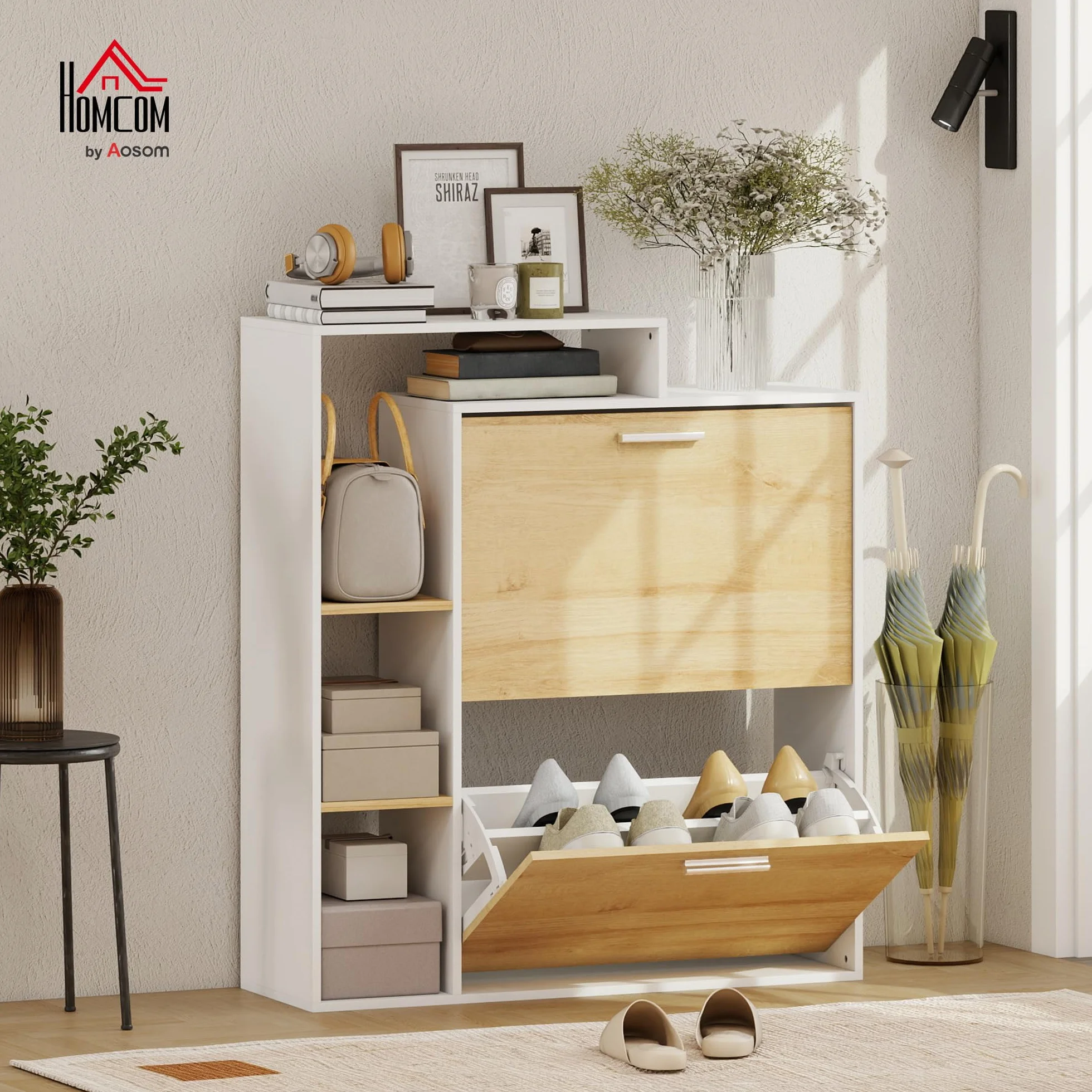 HOMCOM Scarpiera Salvaspazio Slim con 2 Ante a Ribalta, Scarpiera Ingresso con Ripiani Regolabili, 3 Ripiani Aperti, Porta Scarpe per 8 Paia in Legno con Maniglia, 80x26x90 cm, Bianco e Legno Naturale
