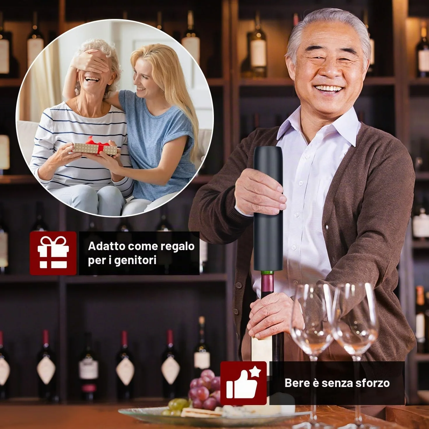 AIKARO - Cavatappi Elettrico Apribottiglie Elettronica Automatico per Vino, Ricaricabile (Set C)