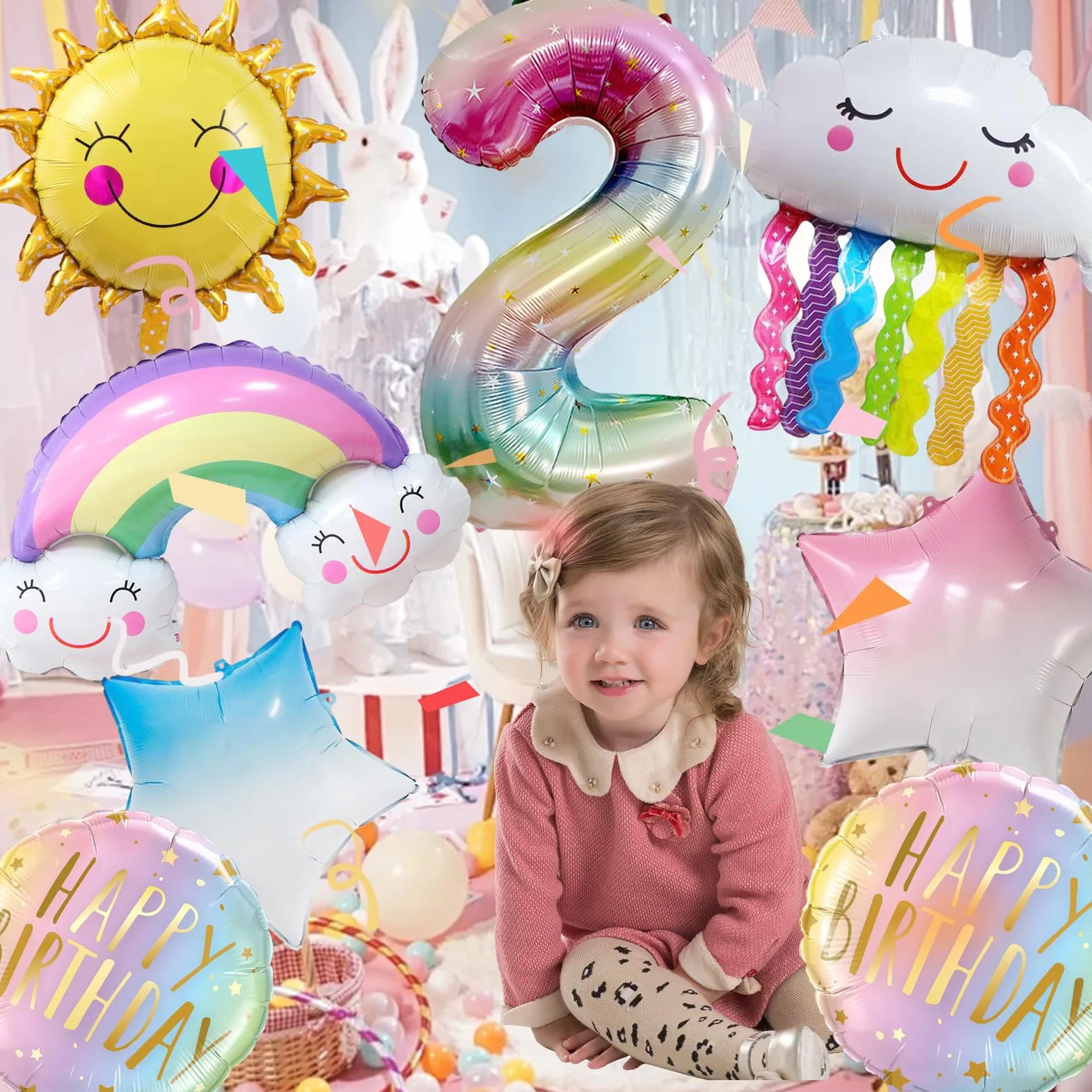 Palloncini Arcobaleno 2 Anni 8 Pezzi, Palloncino Foil Compleanno Bambina