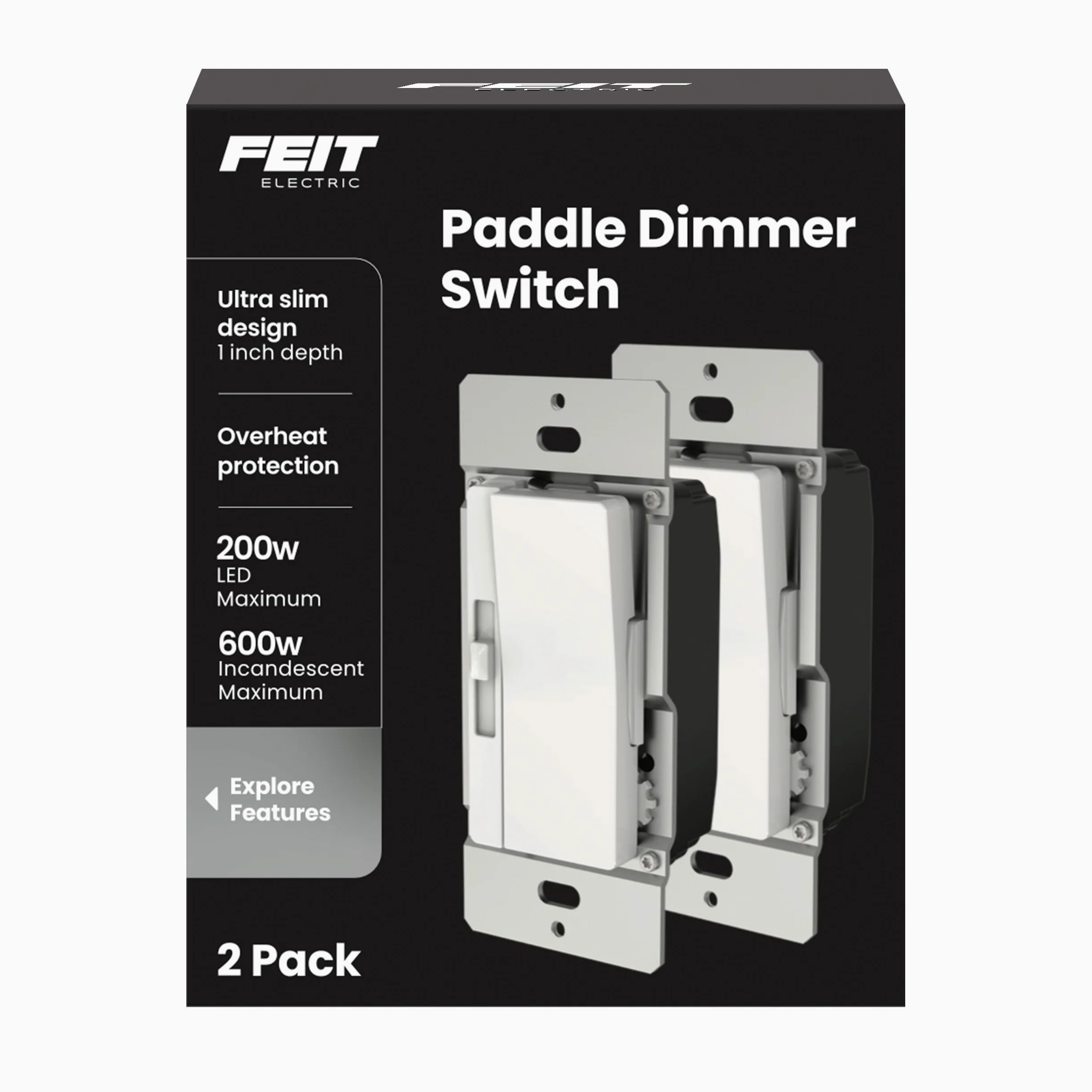 Feit Electric 2 interruttori dimmer per lampadine a LED dimmerabili, interruttore a levetta singolo o 3 vie, piastra a muro e montaggio dadi metallici, DIM/Paddle/2