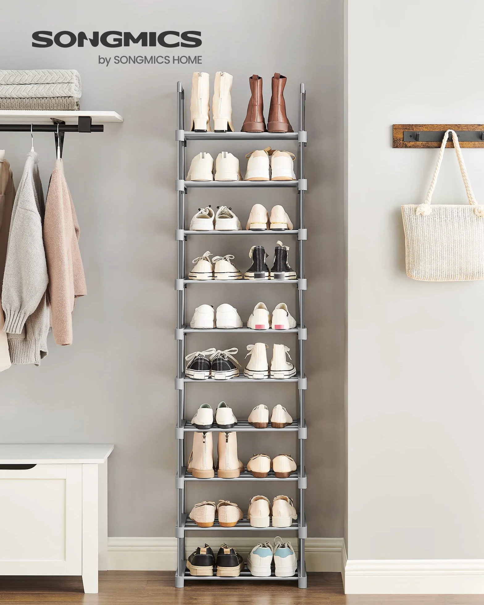 SONGMICS Scarpiera 10 Ripiani Grande Scaffale Portascarpe Metallo 45x30x174 cm Grigio