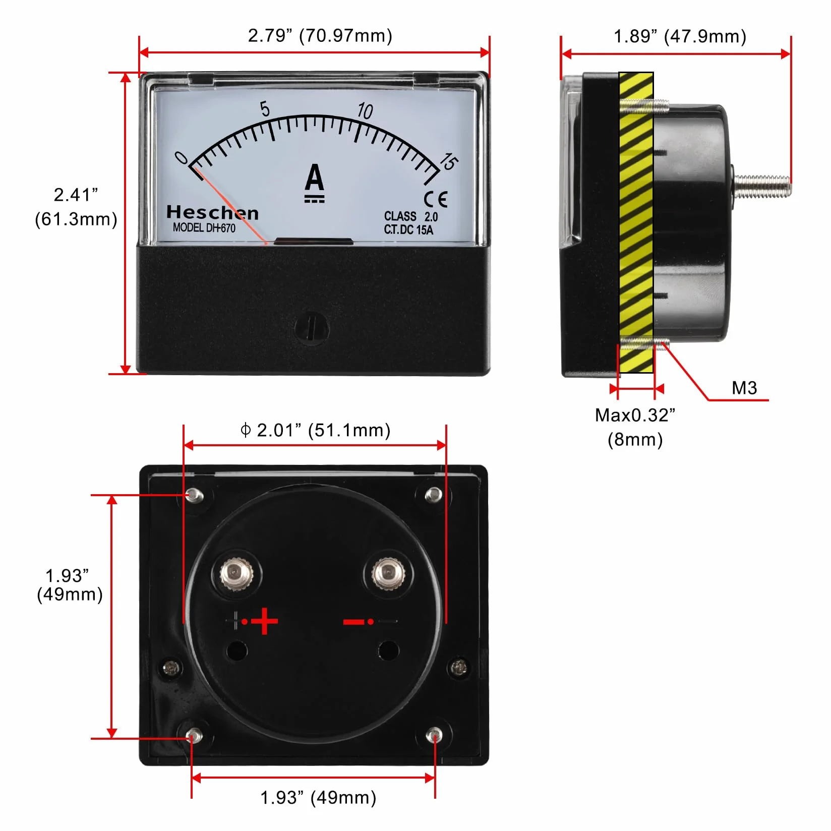 Heschen rettangolo Pannello montato corrente metro tester amperometro Dh-670 DC 0-15 A Classe 2.0
