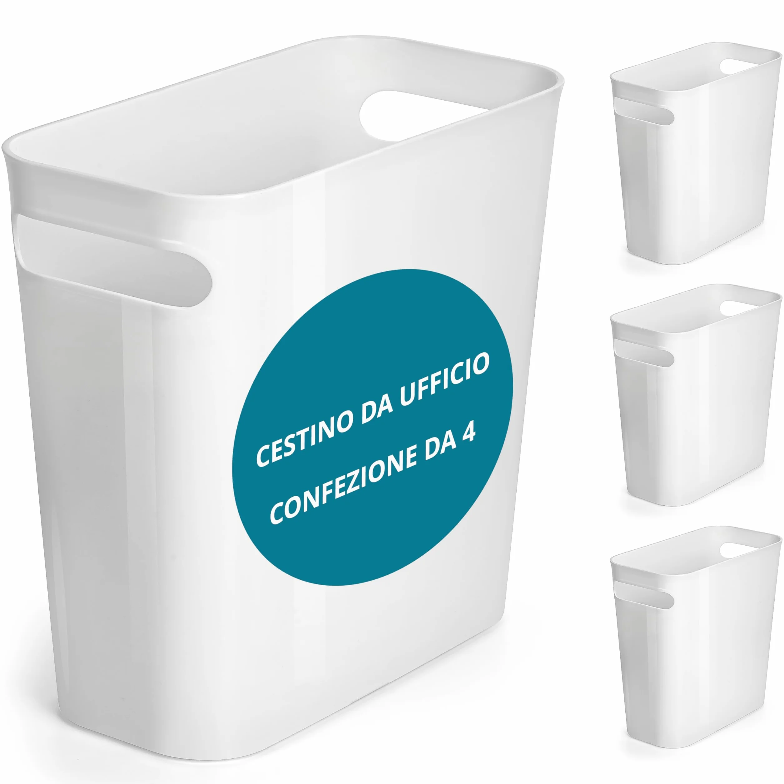 Winter Shore Bidone Pattumiera Bianco 6 l (4 Pezzi) - Cestino Piccolo Plastica con Maniglie Integrate - Cestino Bagno, Camera da Letto, Salotto, sotto Scrivania, Ufficio, Cameretta, Cucina