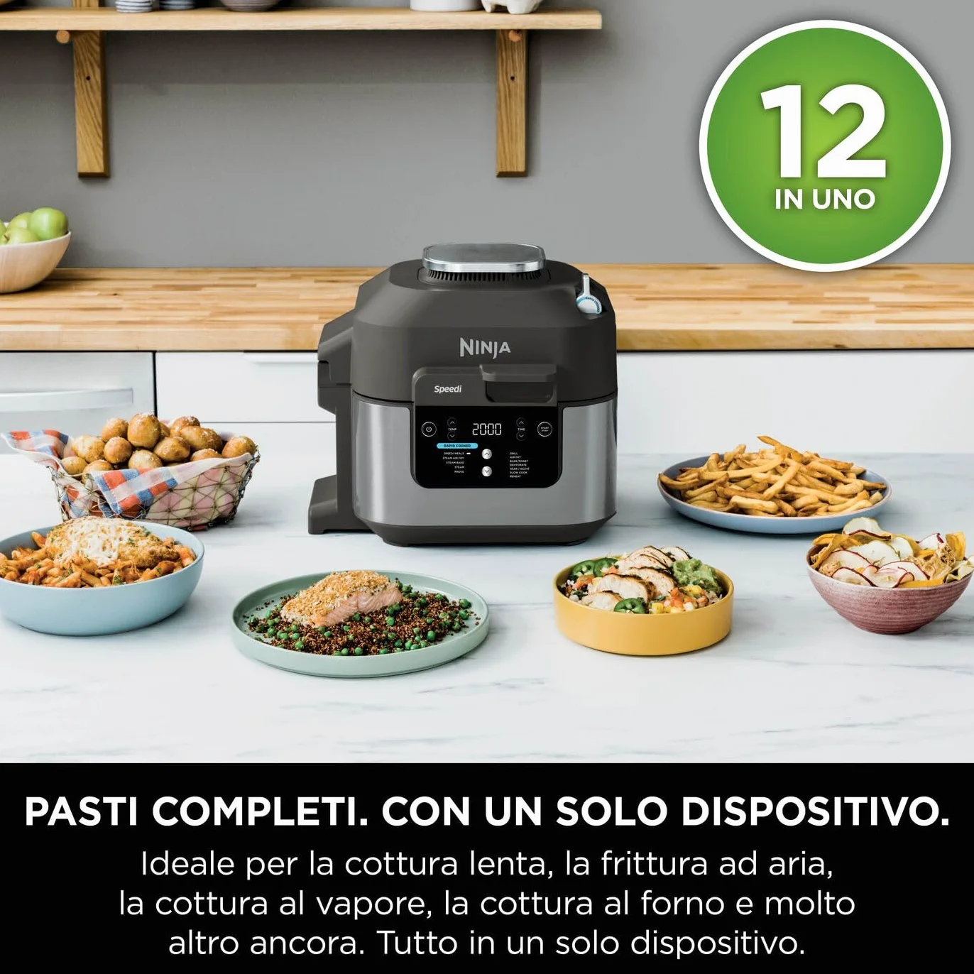 Ninja Speedi Pentola Elettrica Rapida 10 in 1, Friggitrice ad Aria, 5,7 l, Pasti per 4 in 15 Minuti, Frittura ad Aria e Cottura al Vapore, Idea Regalo Natale, Nero, ON500EU