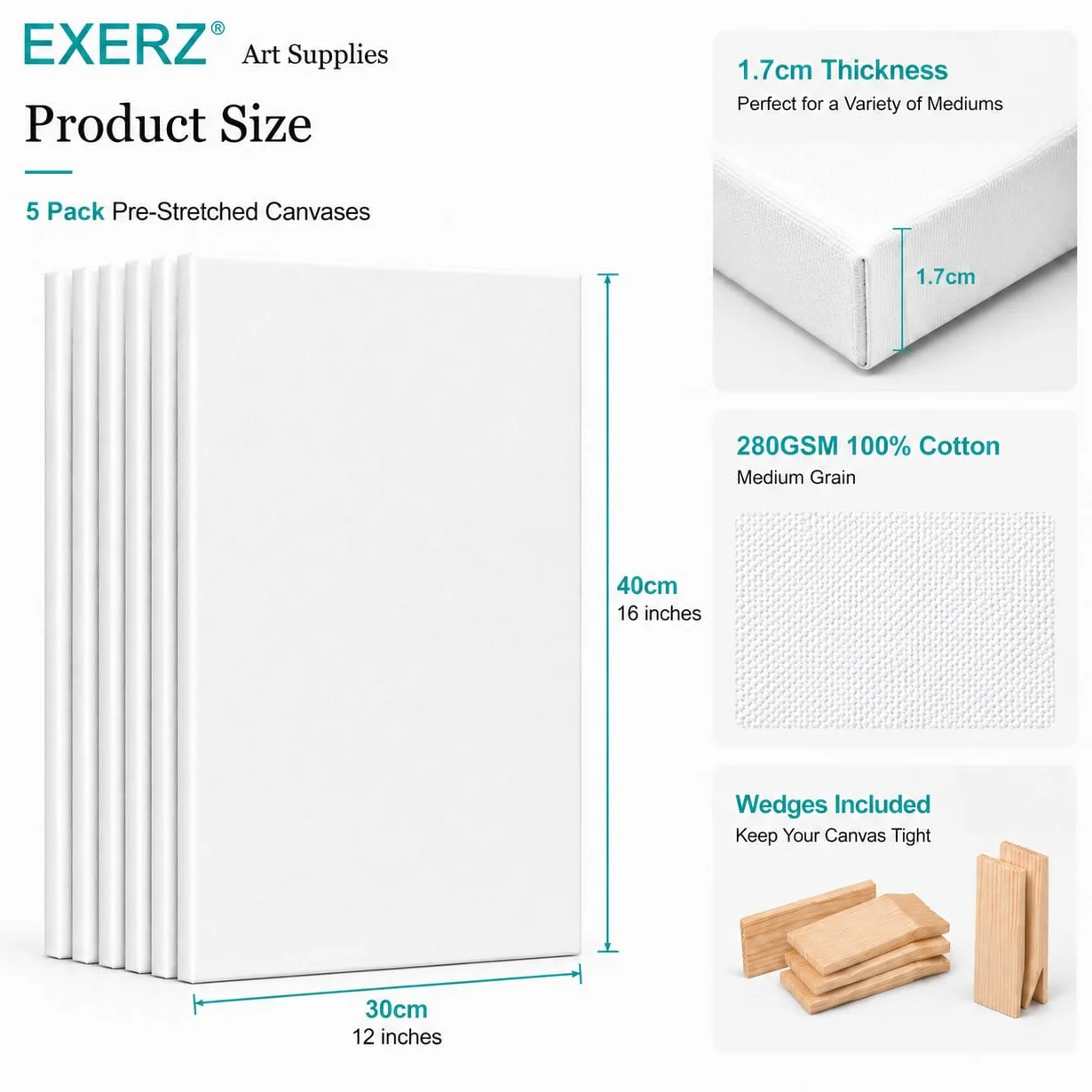 EXERZ 30x40cm Tele Intelaiate 5pz per Pittura per Artisti/Spessore 1.7cm 280GSM/ Tele Prestirate 100% Cotone/Prive di acidi/Bianca/Grana media - Per Dipingere, ad Acrilici, Pittura ad Olio