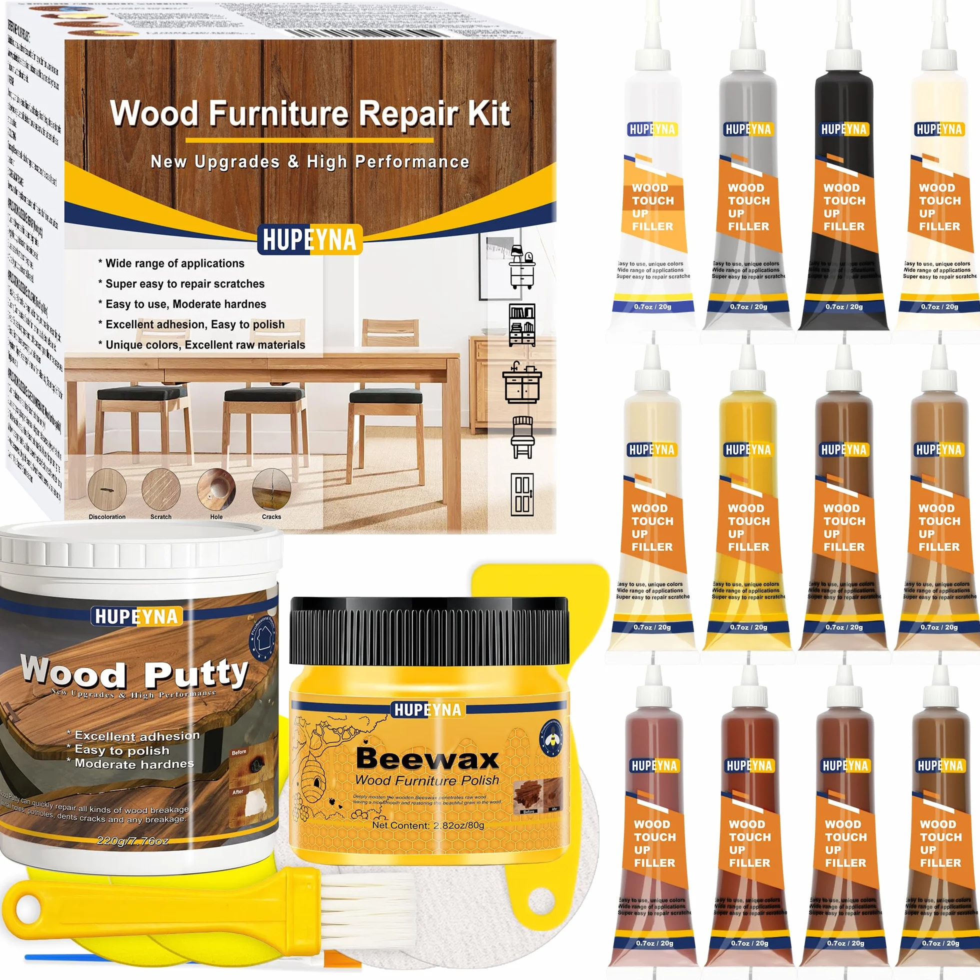Kit Riparazione Mobili in Legno, 21 Pezzi Kit Riparazione Legno Stucco, Stucchi per Legno, Riparare Eventuali Graffi, Crepe, Fori per Pavimenti, Tavoli, Porte, Armadietti Kit Riparazione in Laminato