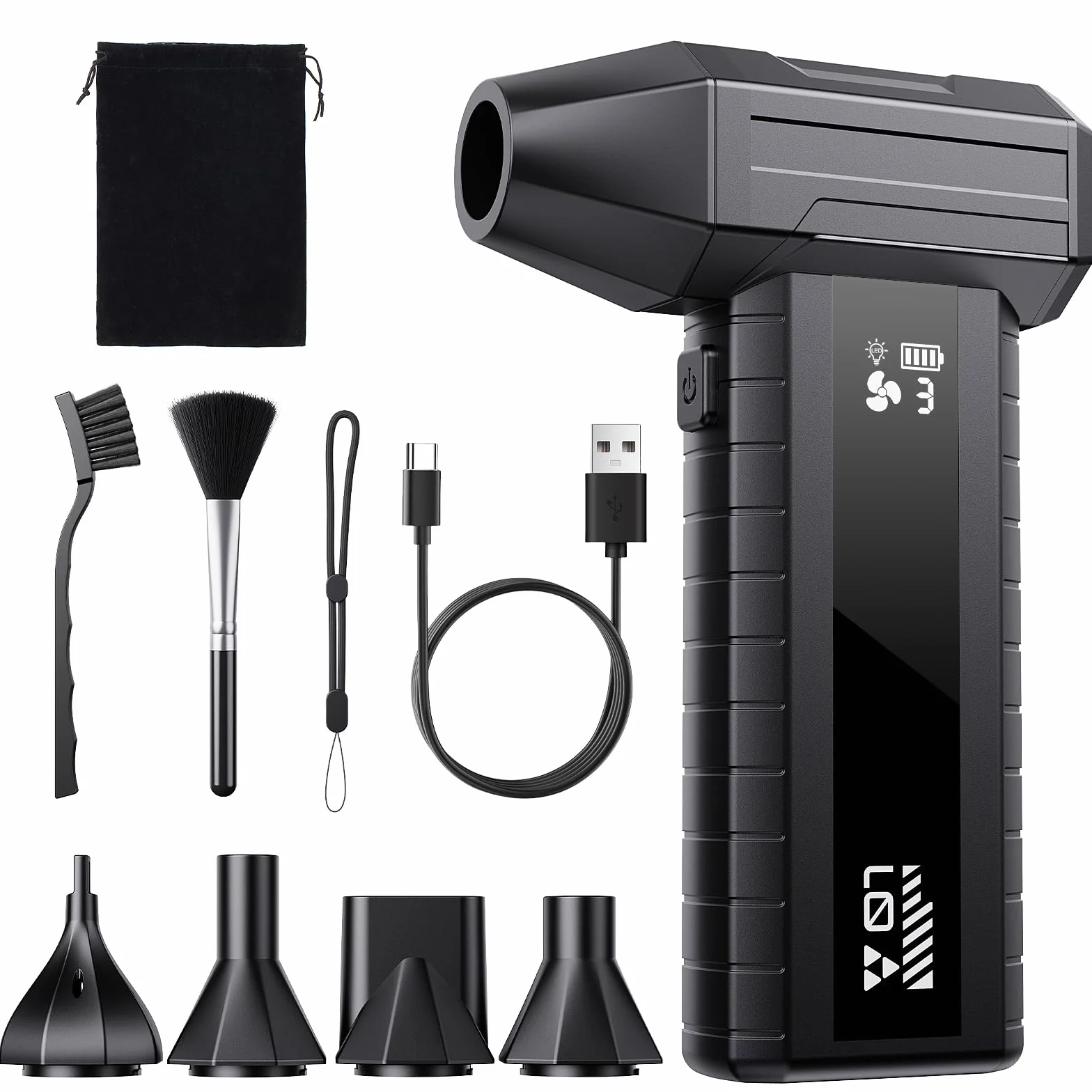 Soffiatore a Batteria – Mini Soffiatore Aria Compressa 200.000 giri/min, 10.500 mAh, per Pulizia PC & Tastiera, LED, Display Intelligente, Ricarica USB-C