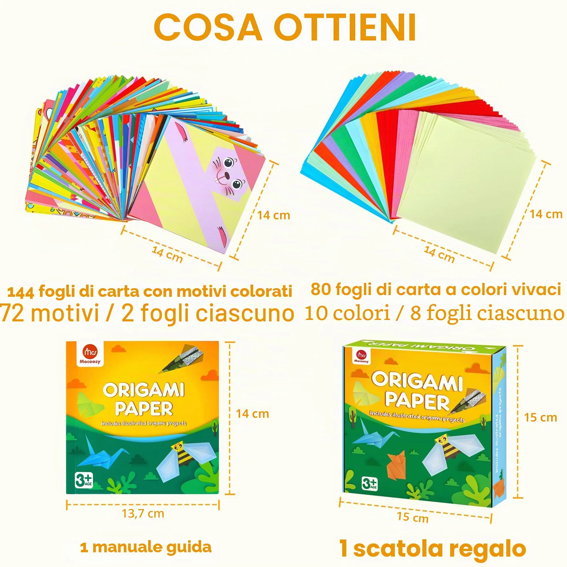Mocoosy Carta per Origami per Bambini, 224 Fogli Fronte-retro con Tutorial Video e Libro, 72 Modelli, Kit Artigianato Regalo