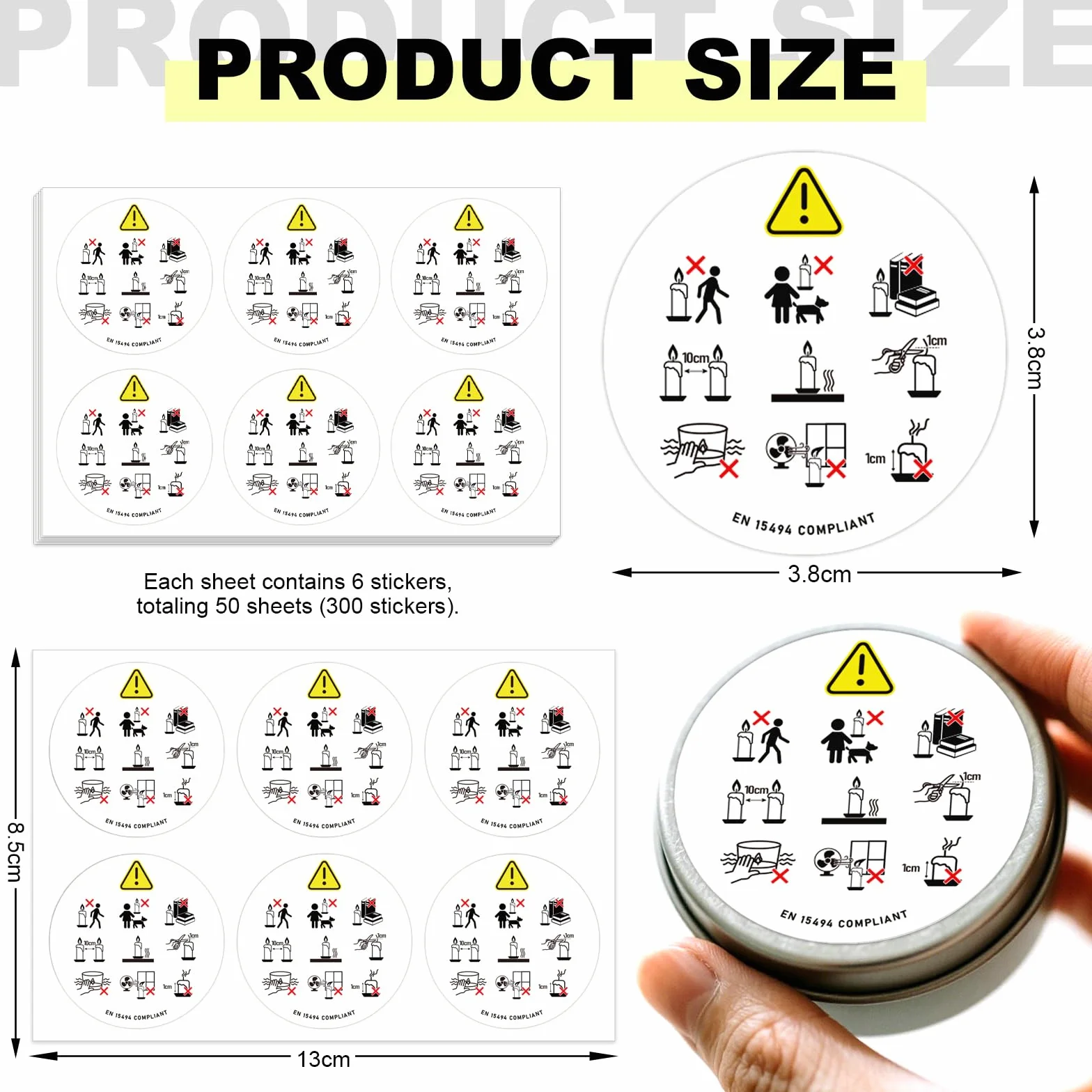 300 Pezzi Adesivi di Avvertenza per Candele (38mm) | Icone di Sicurezza Standardizzate EN 15494 | Etichette Professionali non Verbali per Produttori di Candele | PET Resistente al Calore