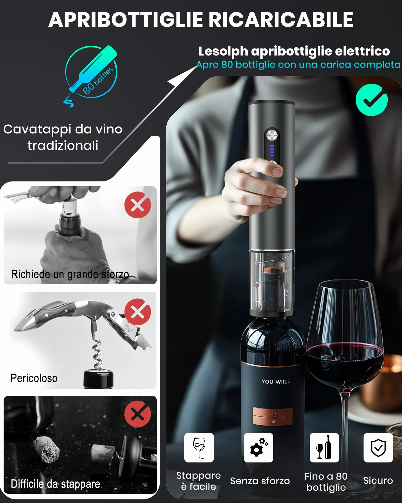 Cavatappi elettrico ricaricabile inox per vino, apribottiglie elettrico idee regalo uomo donna compleanno con aeratore vino, 2 tappi sottovuoto, taglierina per fogli di alluminio e cavo USB