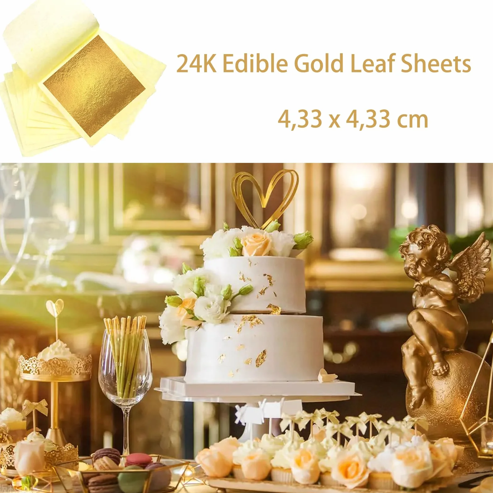 Oro Commestibile, 10 Pezzi 24k 4.3X4.3 CM Foglia Oro Alimentare per Uso Alimentare Decorazione Artigianale Perfetta per Decorare Torte Vino Gelati Uso in (10)