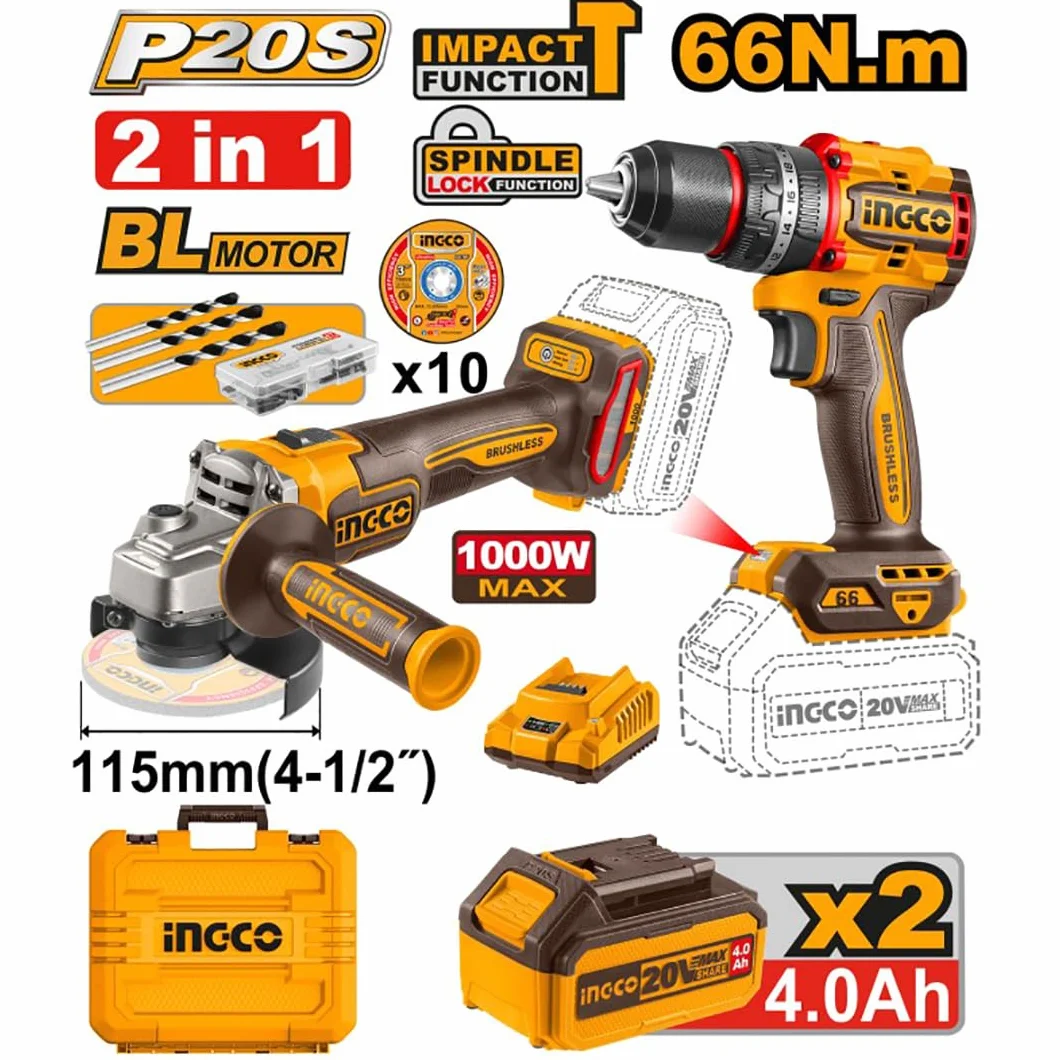Ingco CKLI20273E Set Smerigliatrice Angolare 115 mm Trapano a Percussione 20 V 2 Batterie 4 Ah Valigetta