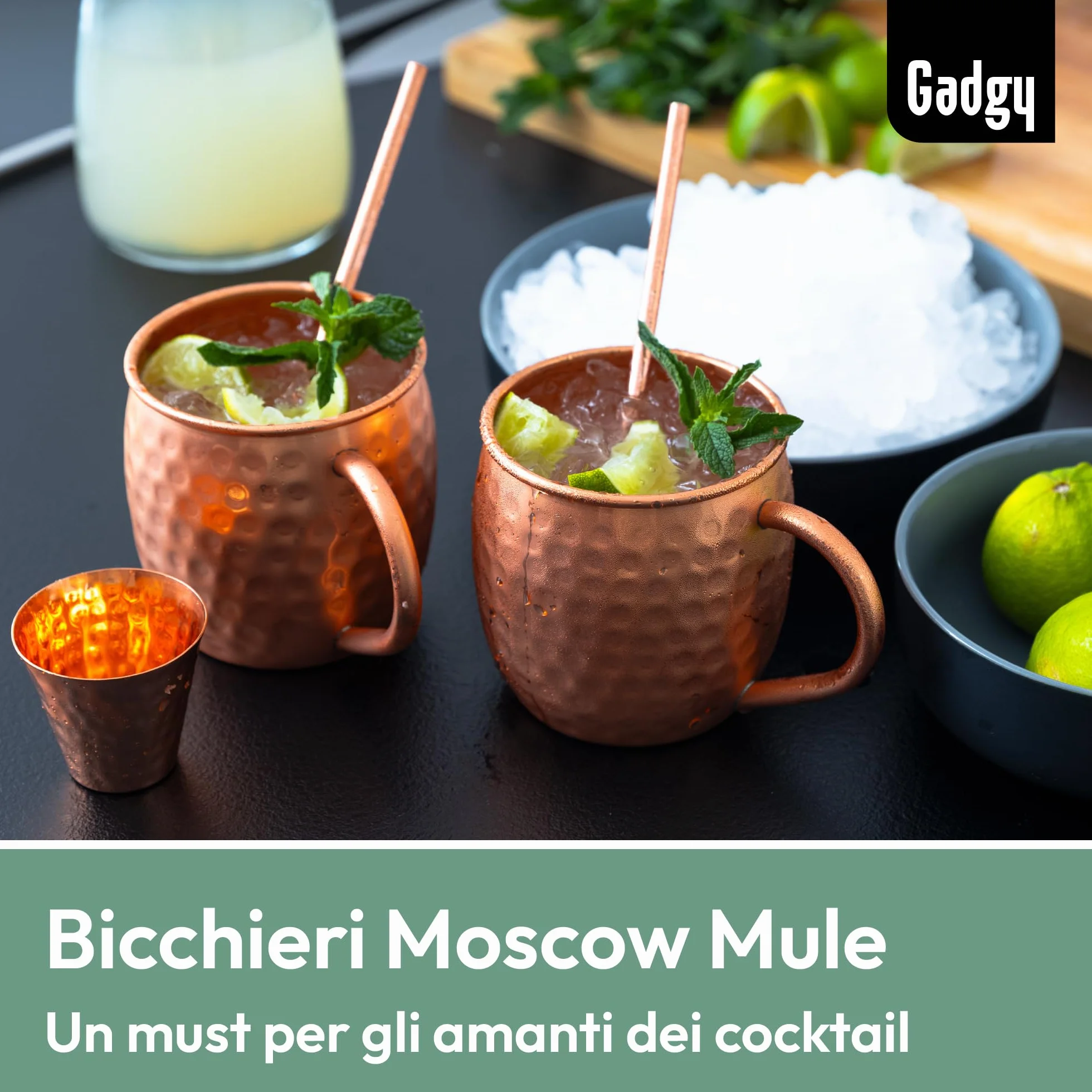 Set Moscow Mule in Rame – 2 Tazze Cocktail Fatte a Mano con Cannucce & Misurino – Bicchieri per Cocktail e Bevande Ghiacciate