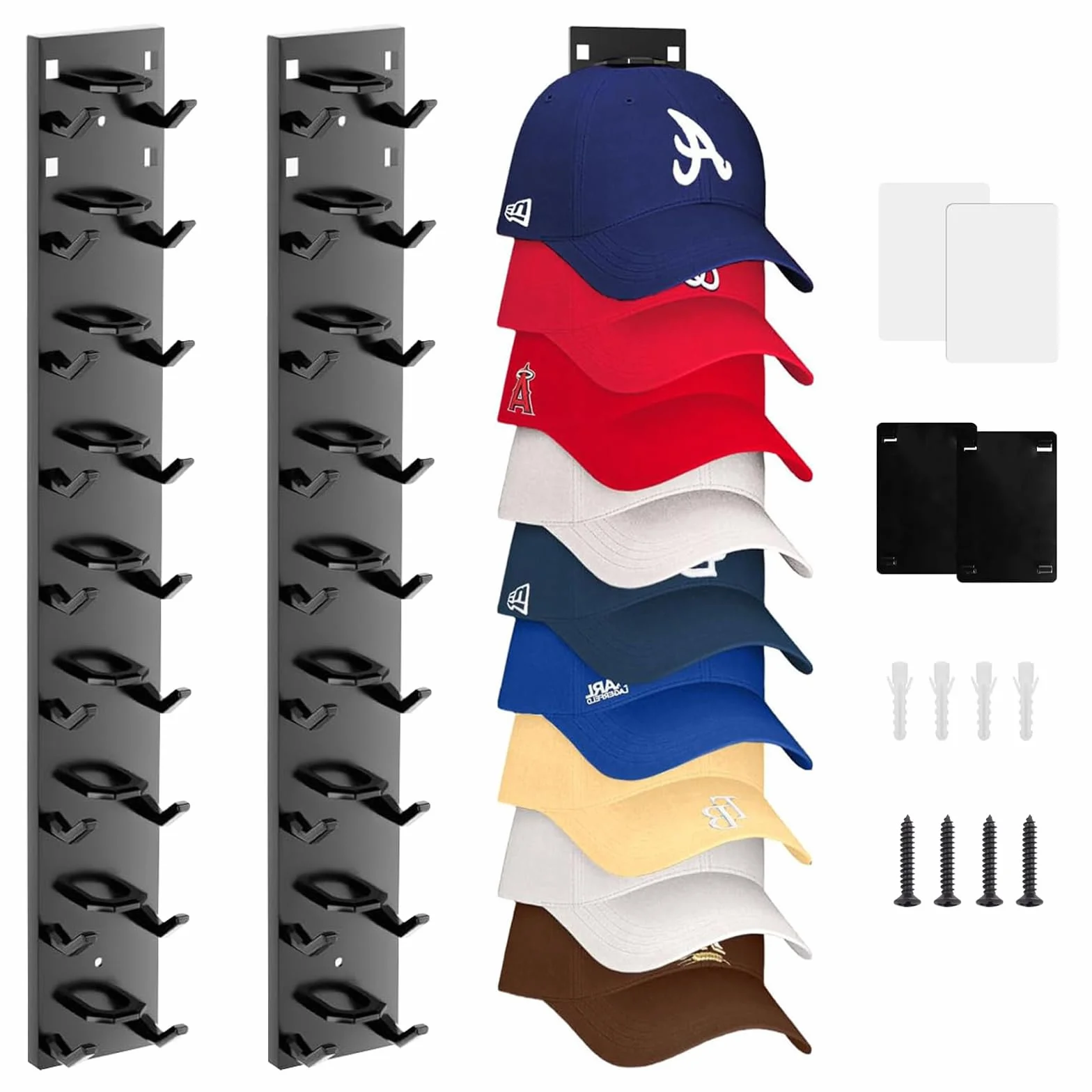2 supporti autoadesivi per cappelli, da parete, per cappelli, fino a 10 cappelli, per tutti i tipi di cappelli, sciarpe, borse, asciugamani, colore nero