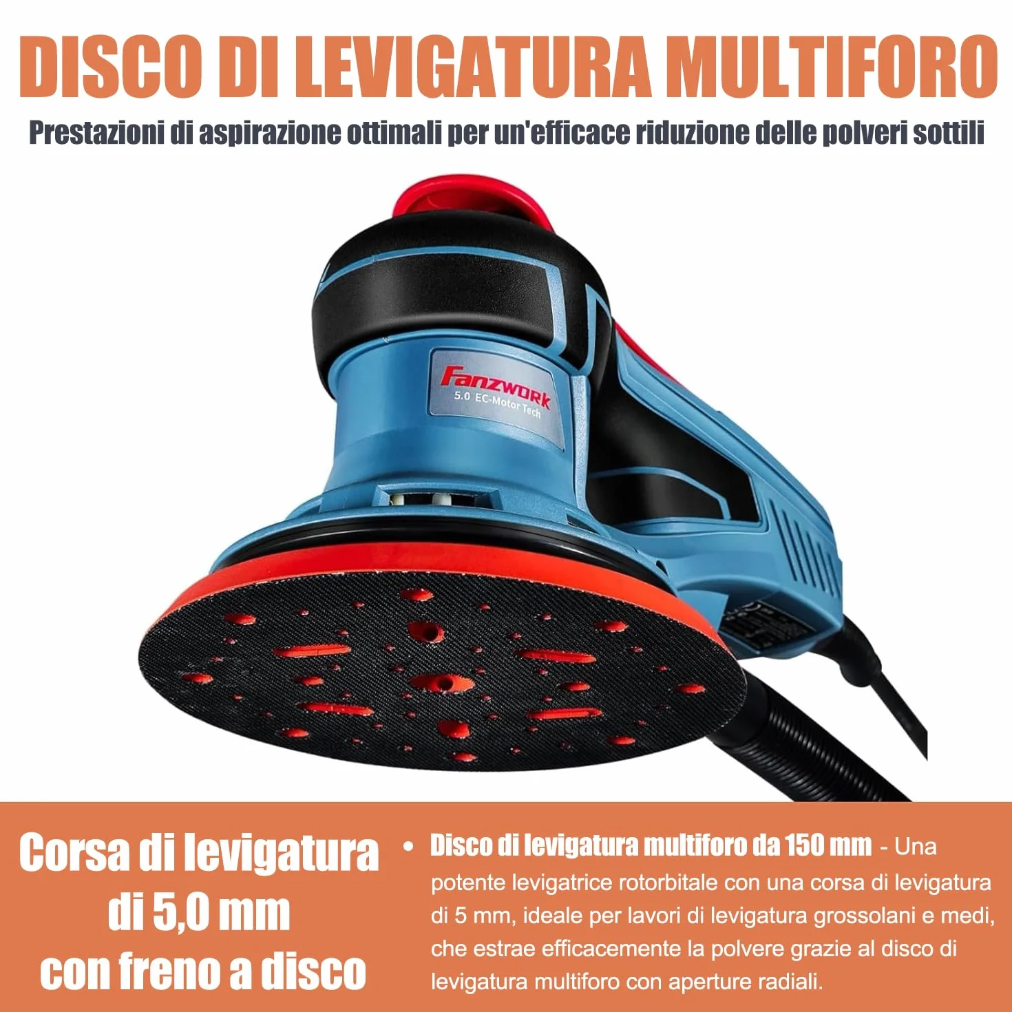 FANZTOOL Levigatrice Orbitale Senza Spazzole 350W 150mm 5,0mm 7 Velocità 18 Dischi Abrasivi Valigetta