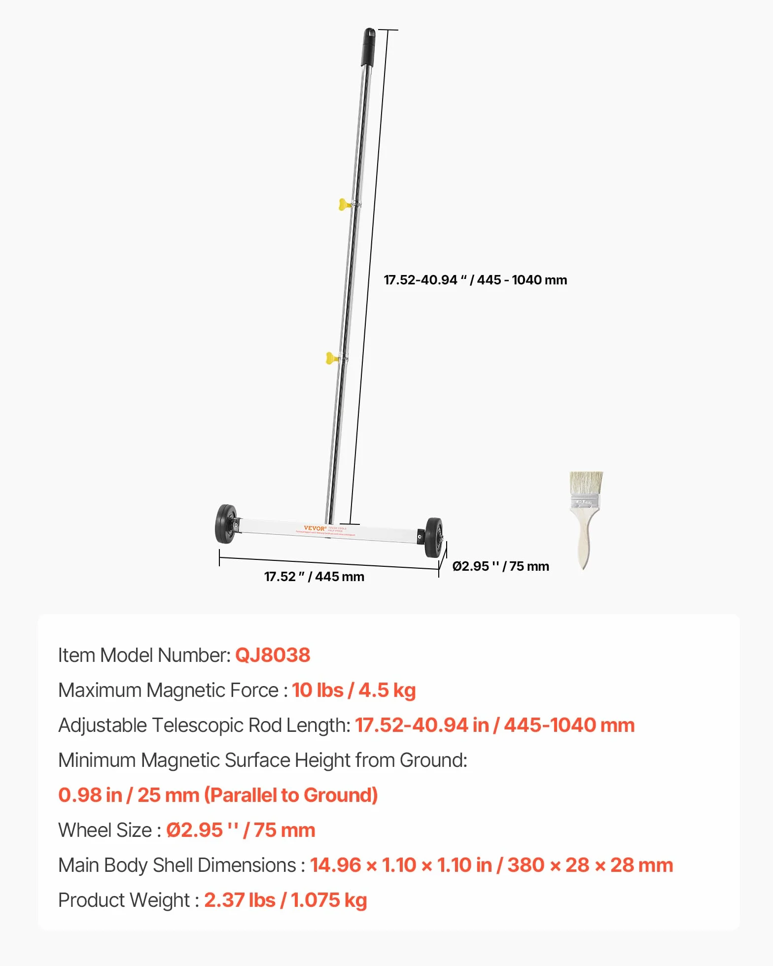 VEVOR Spazzatrice Magnetica con Ruote per Chiodi Spazzatrice Magnetica Leggera con Manico Regolabile Raccoglie Chiodi e Viti, Facile Pulizia per Garage, Progetti di Copertura, Carico 4,5 kg