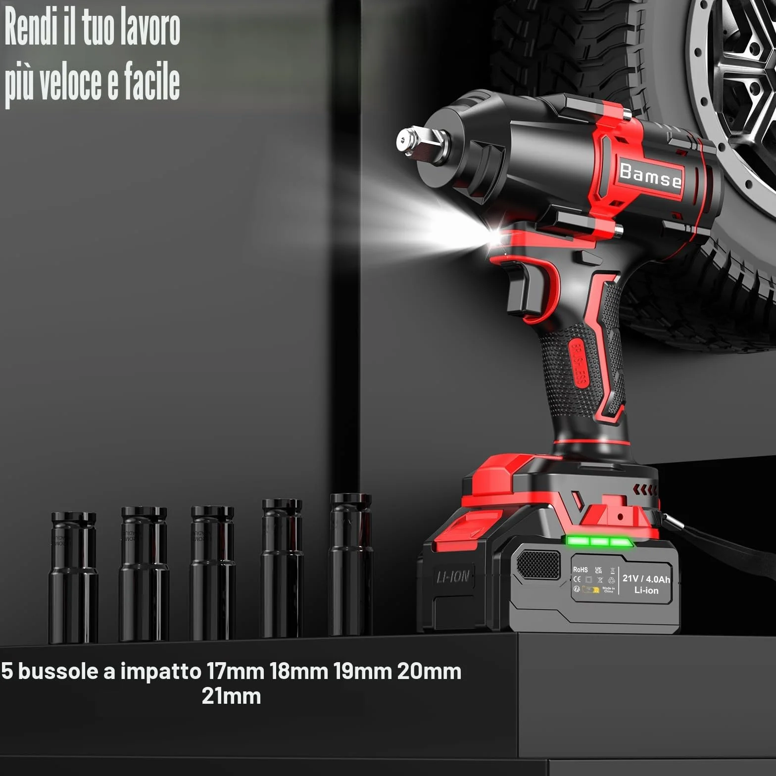 Bamse Chiave a Percussione Brushless 1/2" 1000 Nm 4,0 Ah Set con Bussole e Caricabatterie