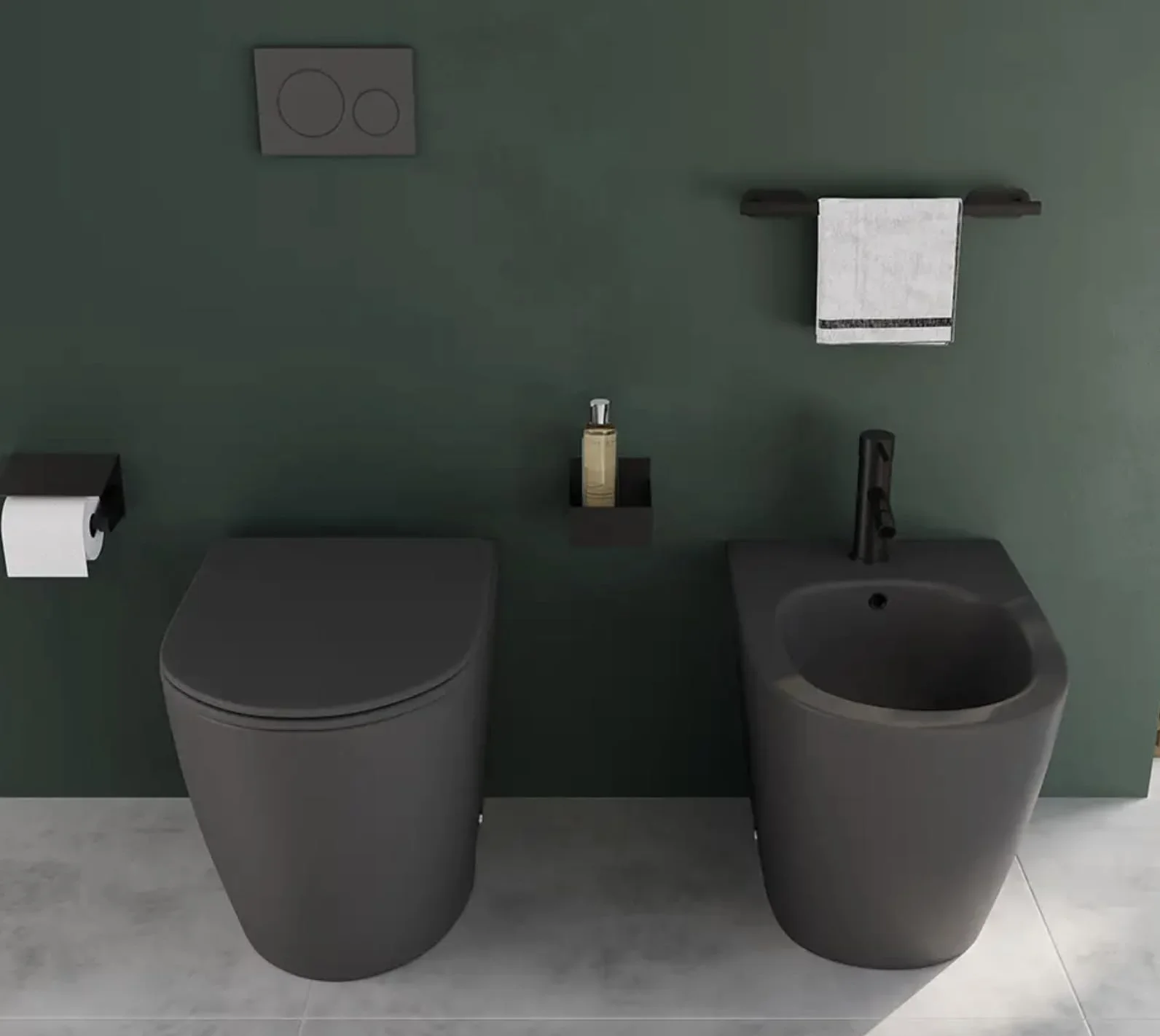 Coppia di sanitari filomuro ceramica grigio opaco vaso rimless copriwc soft-close e bidet ASIA SMALL