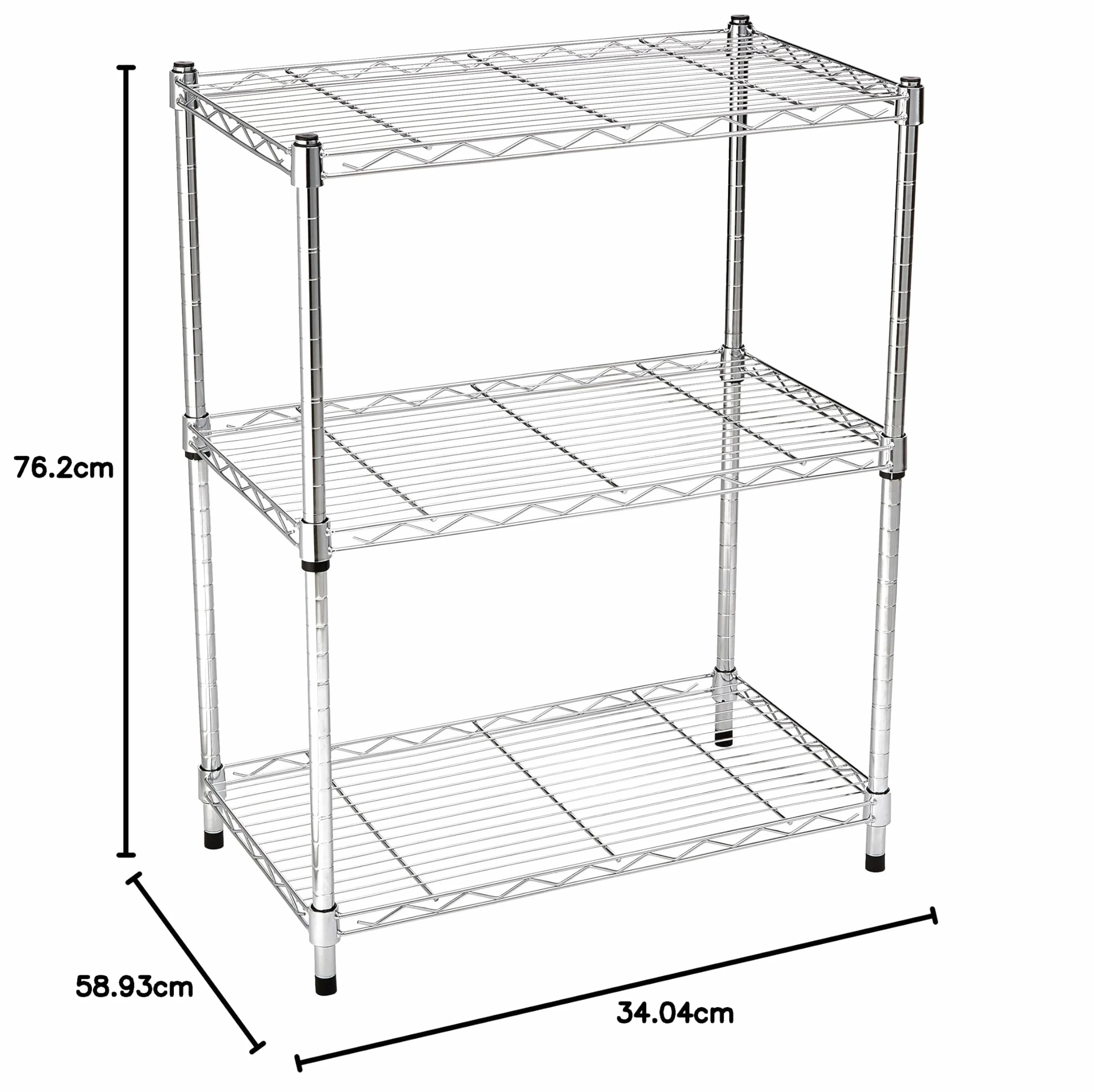 Amazon Basics Scaffaliera a 3 ripiani stretti, altezza dei ripianie piedini di livellamento regolabili, peso massimo 340 kg, Cromo, 34 x 58.9 x 76.2 cm (D x W x H)