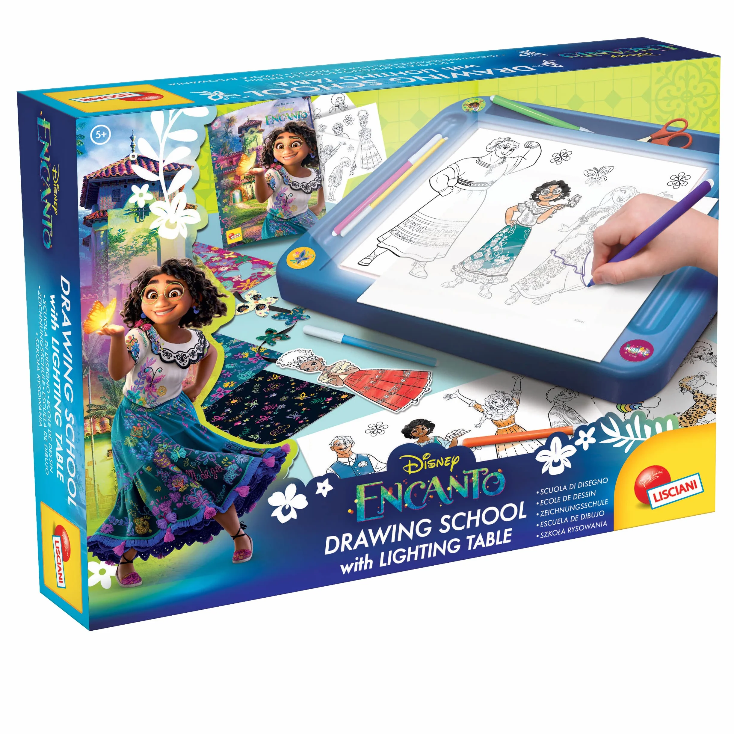 Liscianigiochi - Disney Encanto Drawing School con Lighting Table, Tavolino Luminoso, Pennarelli, Cartellina, Pattern, Stickers, Schede attività, Manuale di Istruzioni, Multicolore, m, 98255