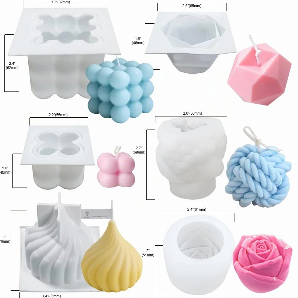 Set di 6 Stampi, per Candele Cubo a Bolle 3D, in Silicone Rosa con 100 Stoppini e Porta Stoppino, per candele profumate fai da te, sapone