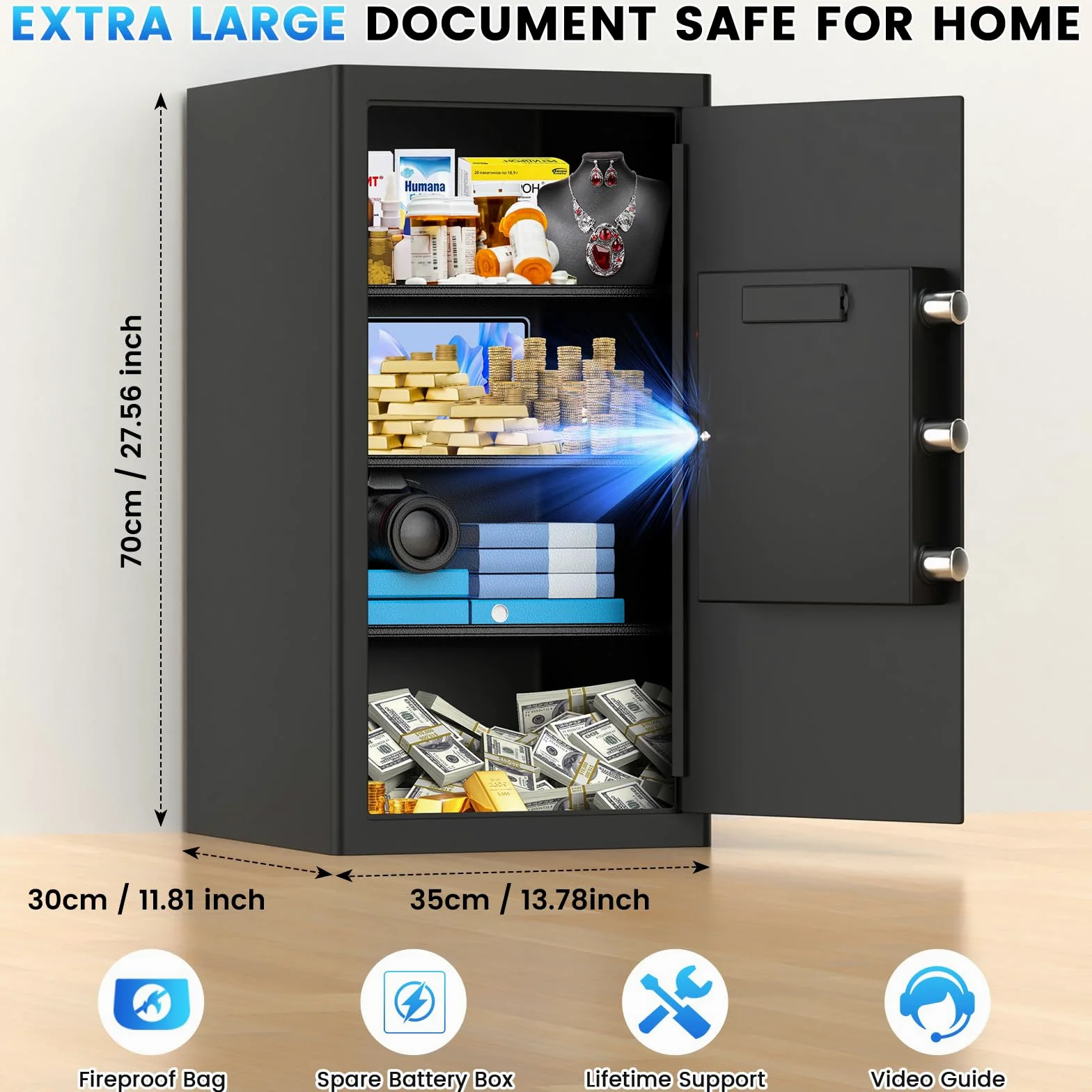 Cassaforte in acciaio da 60 cm, cassaforte per la casa da 6,0 Cuft con borsa impermeabile ignifuga, cassaforte digitale di sicurezza con tasti programmabili della tastiera, allarme intelligente