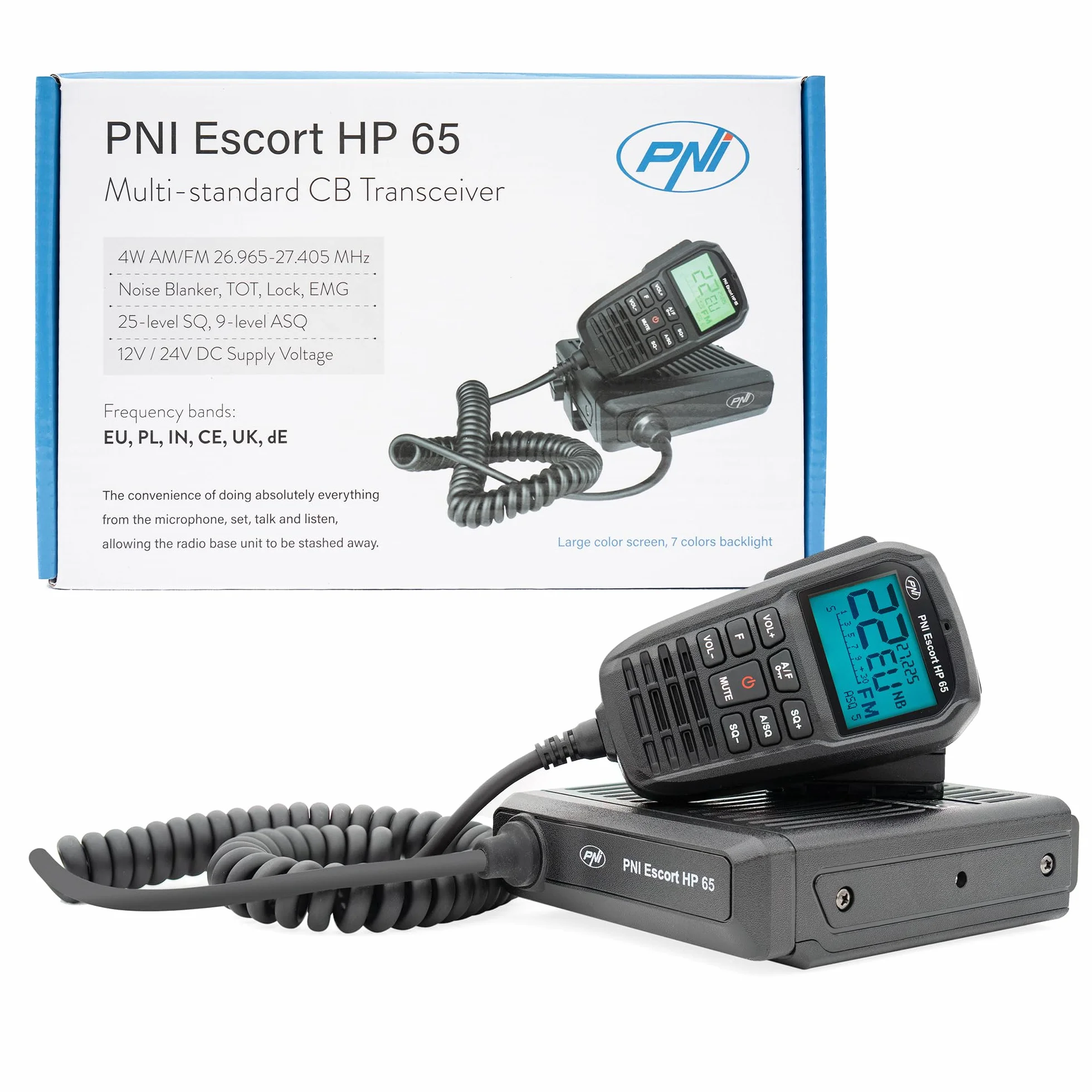 Stazione radio CB PNI Escort HP 65 ASQ, multi-norm, Noise Blanker, ASQ, regolabile SQ, 12-24 V, presa accendisigari inclusa
