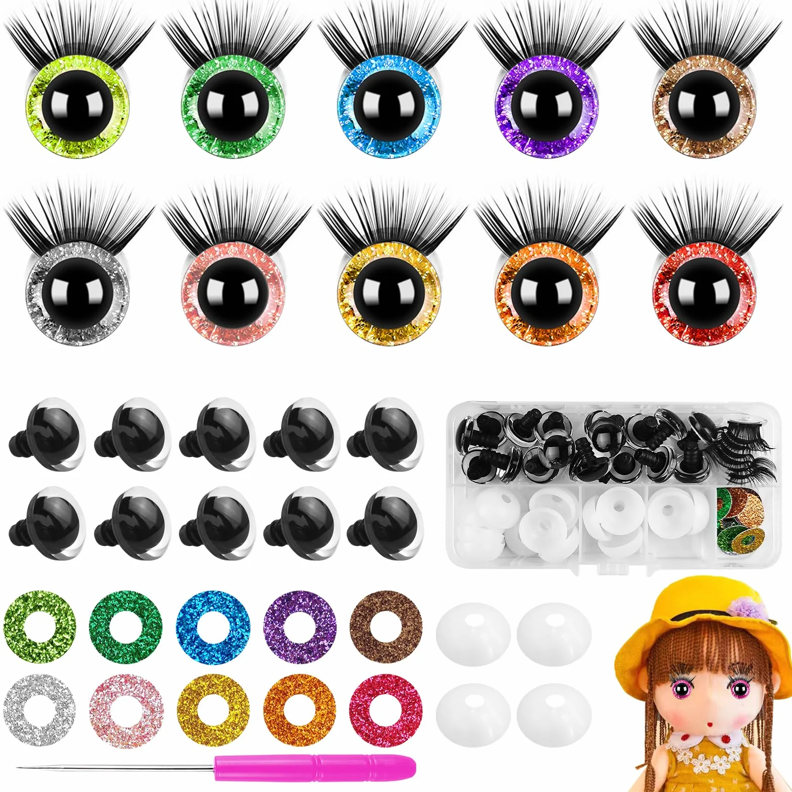 HavaCue 30 Pezzi Occhi Amigurumi Colore Amigurumi Kit con Ciglia Occhi 16mm Occhi per Pupazzi Plastica Occhi di Sicurezza per Amigurumi con Rondelle per Animali all'Uncinetto Bambola Pupazzo Peluche