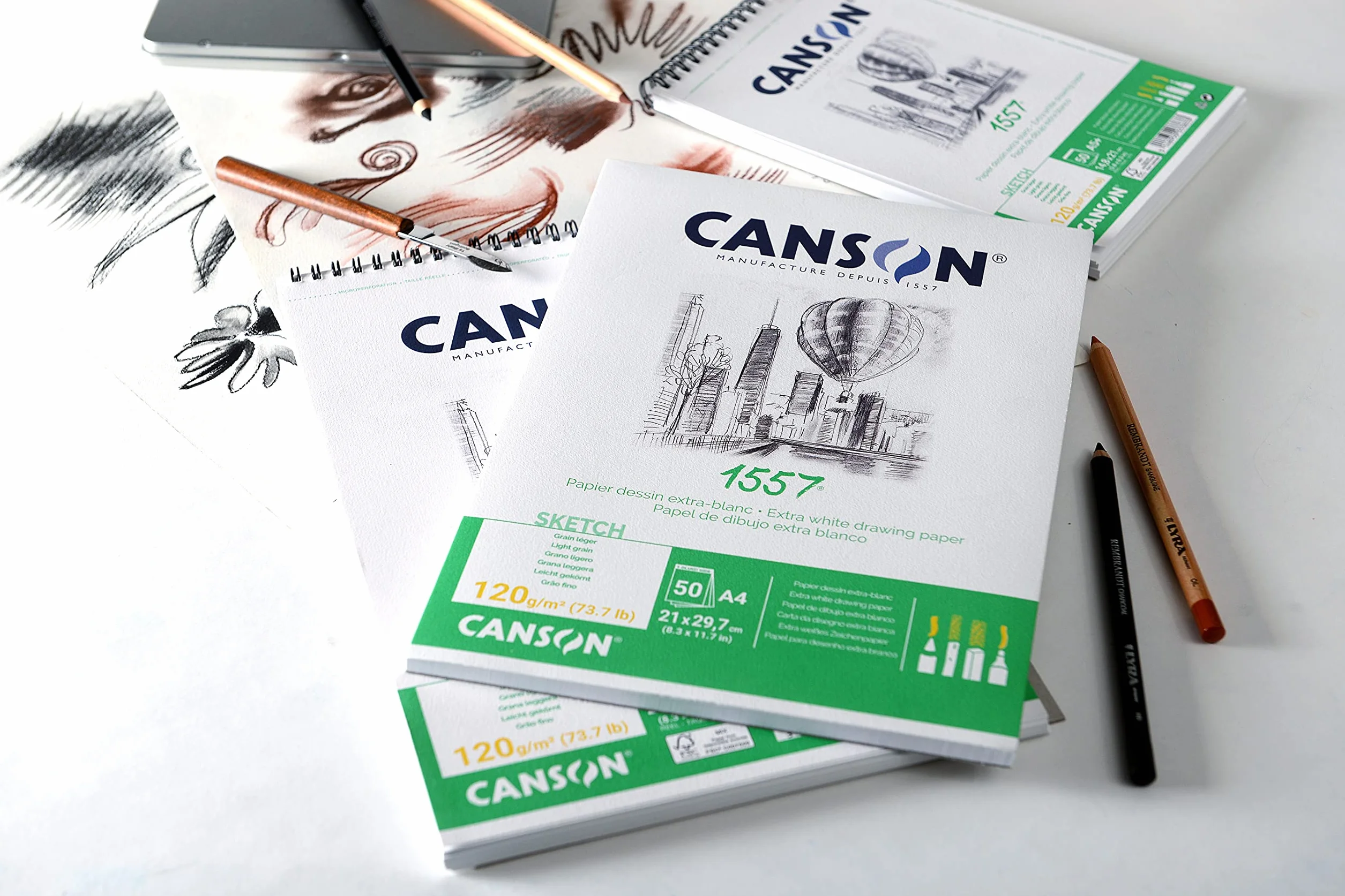 Canson - Carta 1557 Blocco da 50 fogli di Carta da Disegno, Bianco Puro, 120 g, Grana Leggera, Formato A4