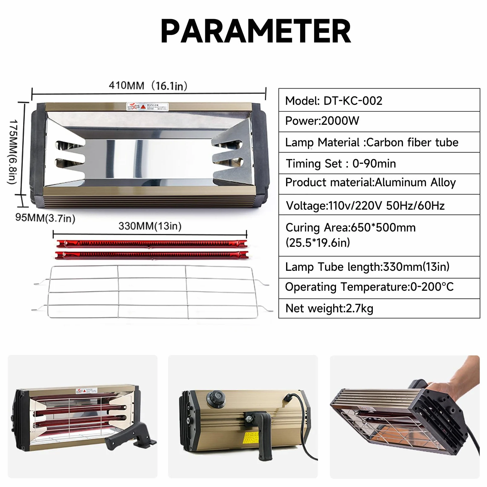 DATOUBOSS Lampada per polimerizzazione della vernice a infrarossi a onde corte da 2000 W, asciugatrice per riparazione carrozzeria auto, luce di cottura portatile, strumento per cabina spray per
