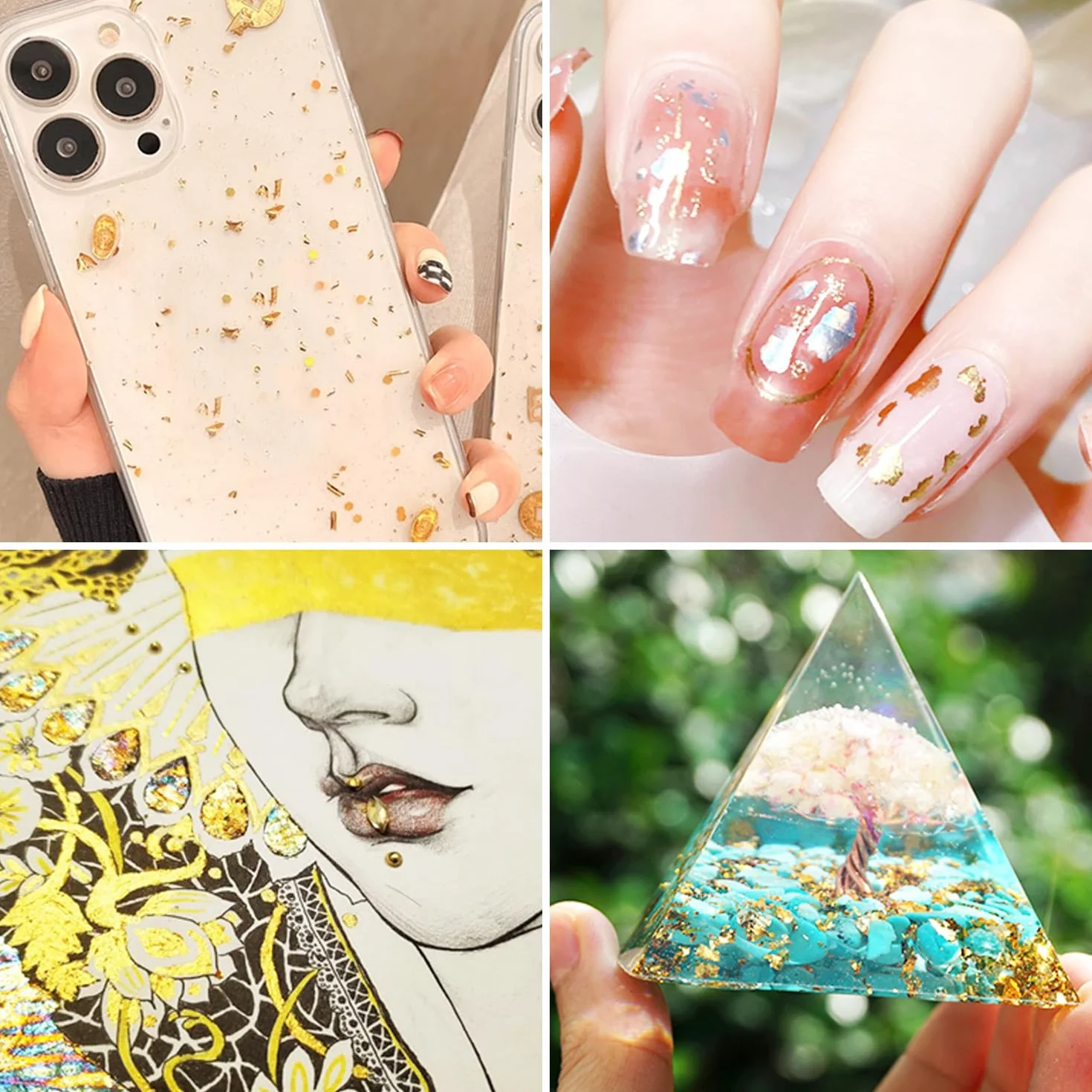 6 bottiglie di fogli di pellicola con 2 clip, fogli di carta argentata dorata, fogli fai da te, fogli di lamina metallica, fogli decorativi per resina artistica, pittura, statua dorata, nail